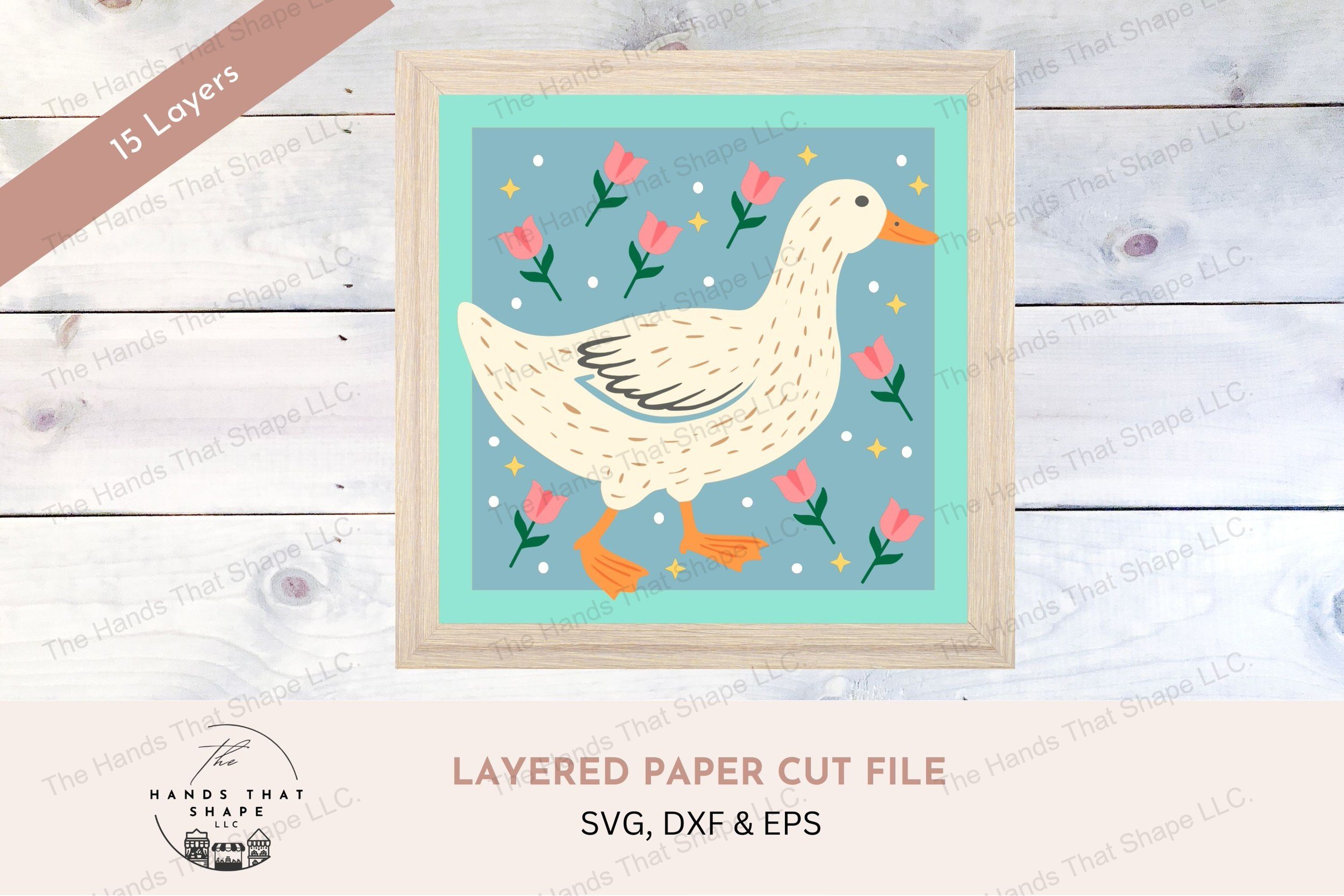 This layered cardstock art piece vividly portrays a folksy duck walking through a colorful scene of tulips and stars, creating a whimsical and vibrant display.