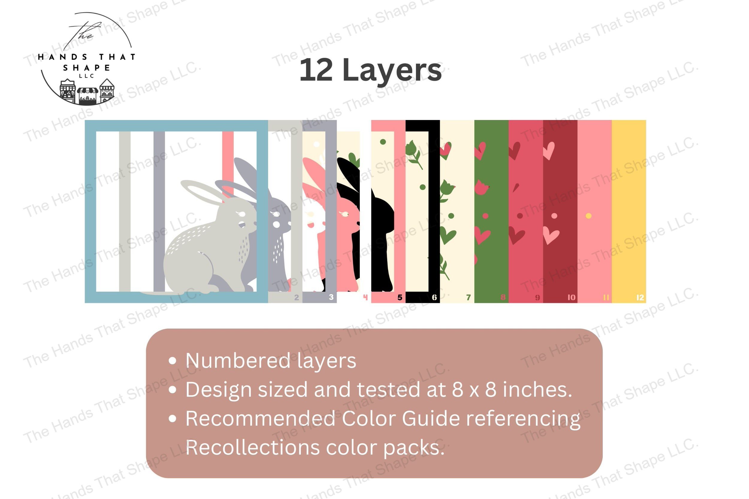 Explore the layers of this folksy bunny-themed cardstock art, fanned out to reveal the detailed and vibrant design elements of tulips, hearts, and playful dots.