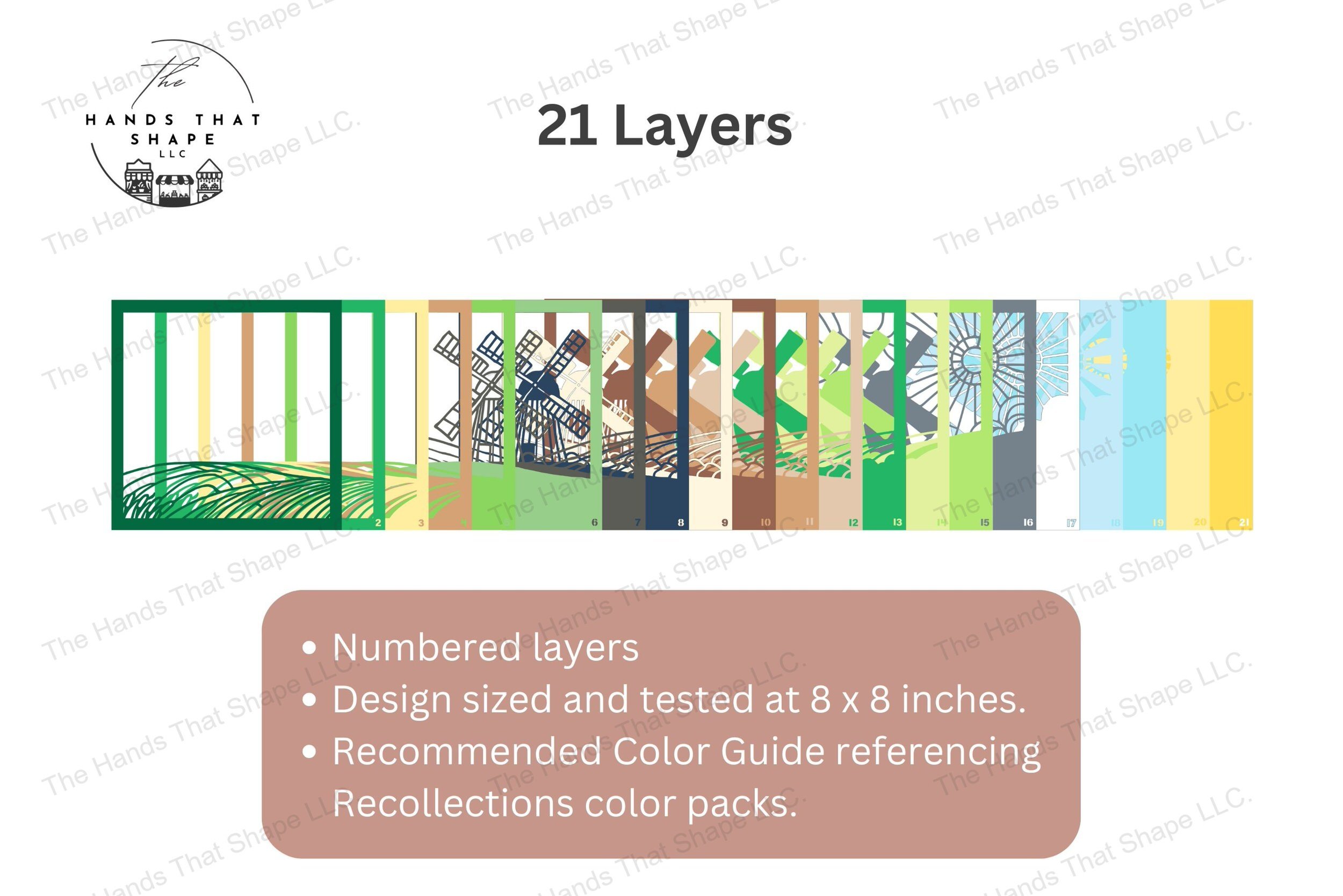 Explore the detailed construction of this old windmill-themed cardstock art, each layer fanned out to display the colors and design of a rustic countryside.