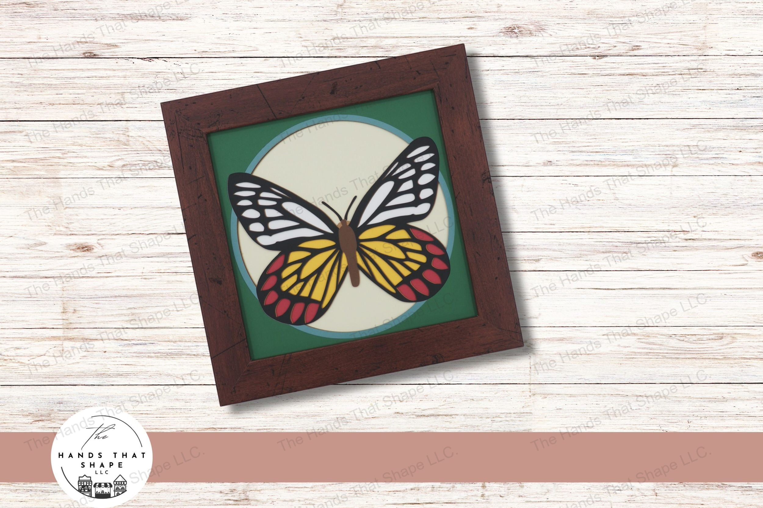 This layered cardstock art piece vividly captures the delicate beauty of the Delias Eucharis Butterfly, showcasing its vibrant wings fully spread out.
