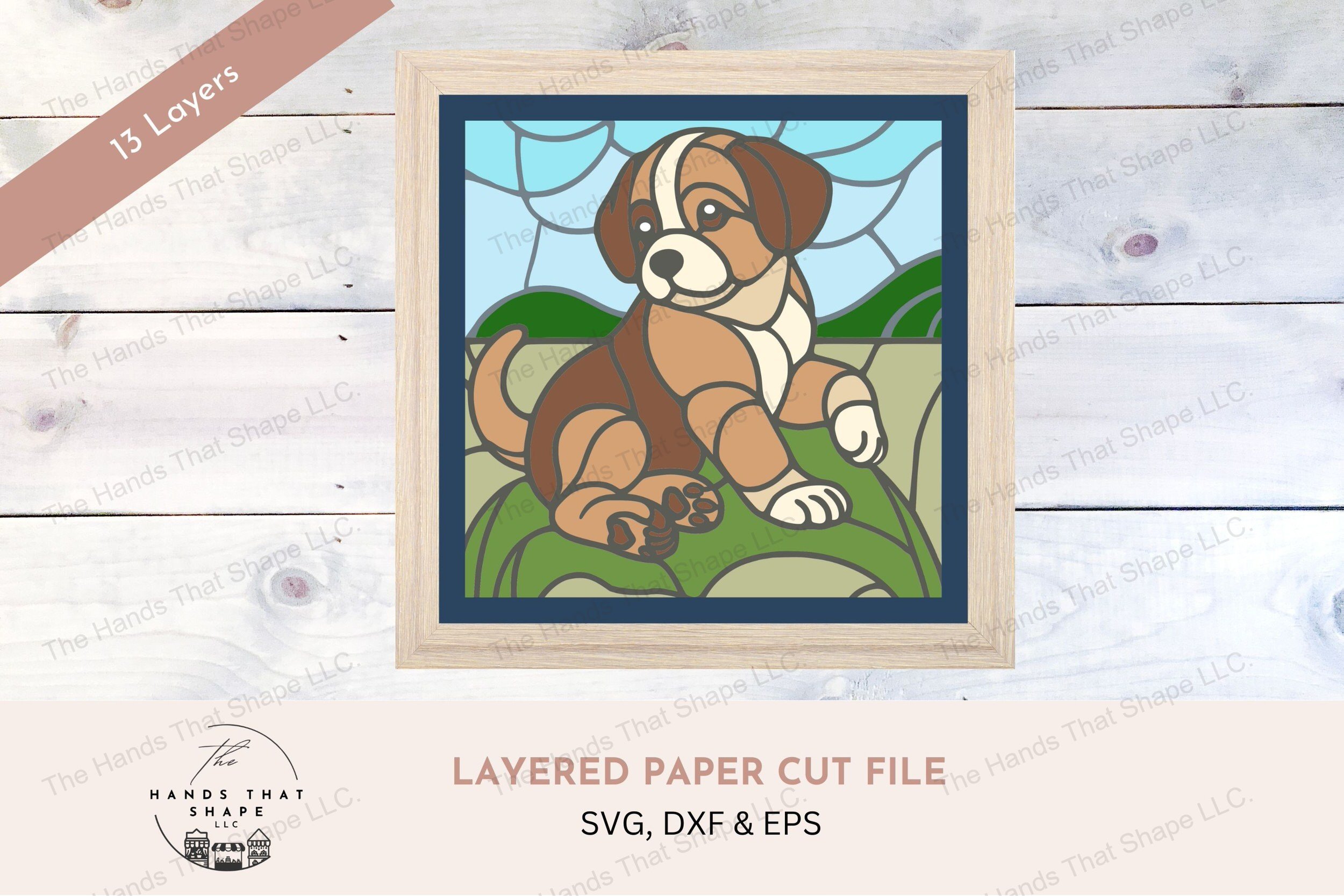 This layered cardstock art piece digital design file features a charming puppy sitting playfully in the grass, all rendered in a vibrant stained glass style.