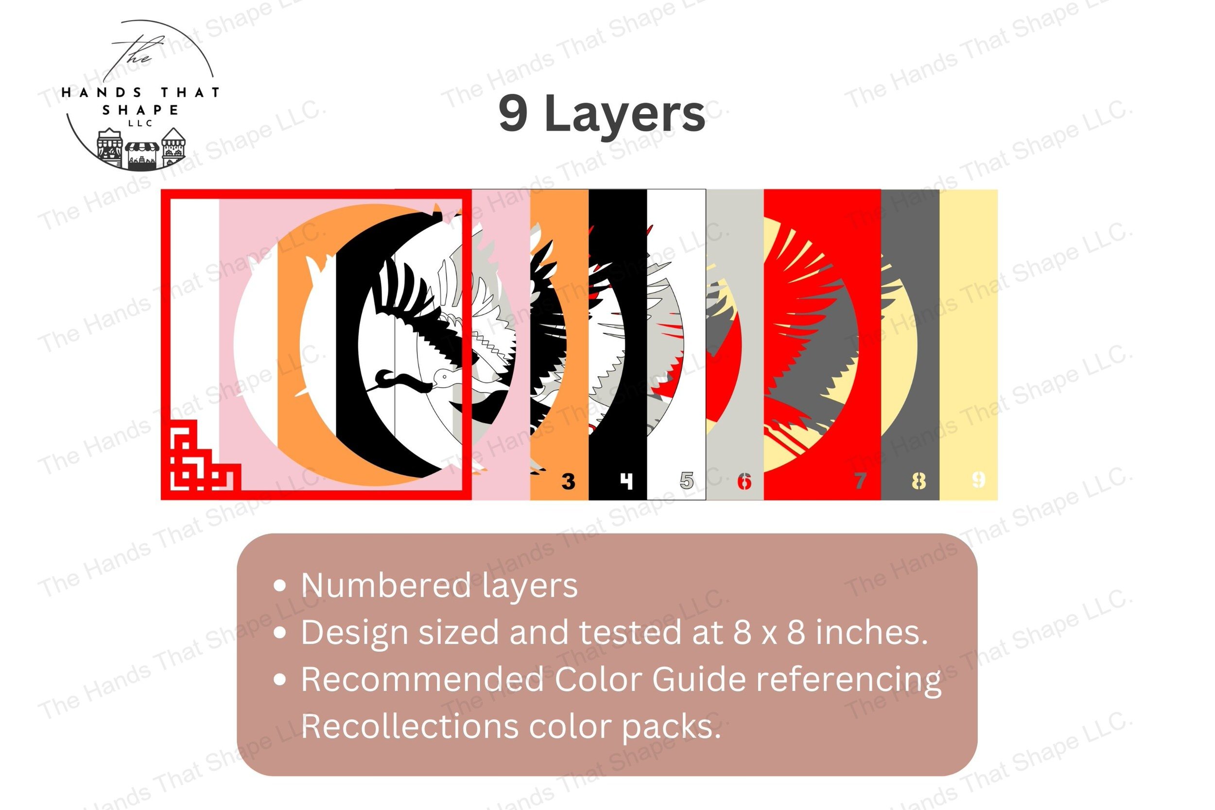 See all 9 layers of this Japanese red-crowned crane scene fanned out to reveal the elegant cuts and layered depth that bring this graceful bird to life.