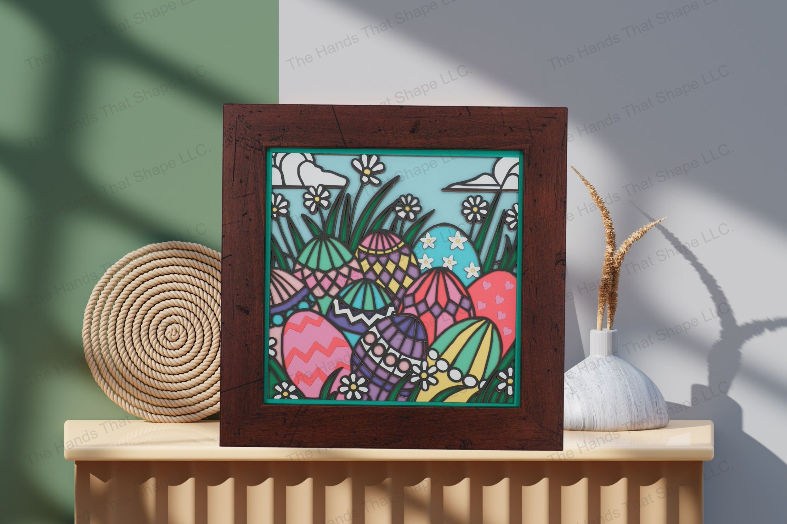 Admire this vibrant Easter-themed cardstock artwork, beautifully displayed on a table, showcasing its colorful layers and festive springtime details.