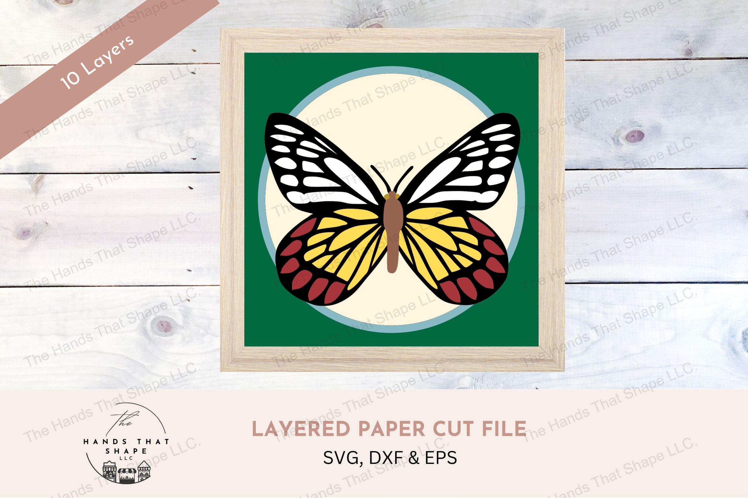 This layered cardstock art piece vividly captures the delicate beauty of the Delias Eucharis Butterfly, showcasing its vibrant wings fully spread out.