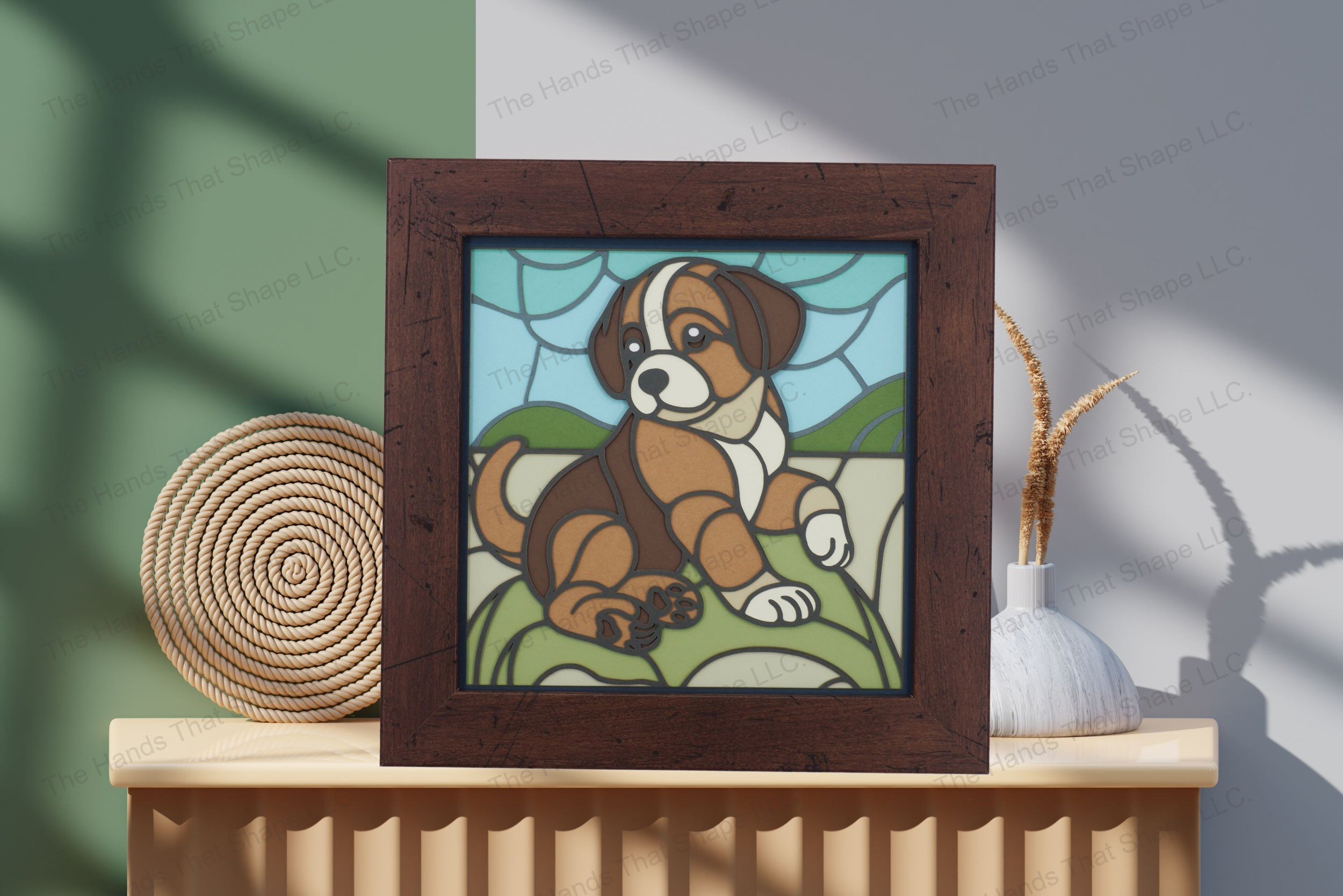 Admire this delightful puppy-themed cardstock artwork, displayed on a table, showcasing its colorful layers and captivating stained glass effect.
