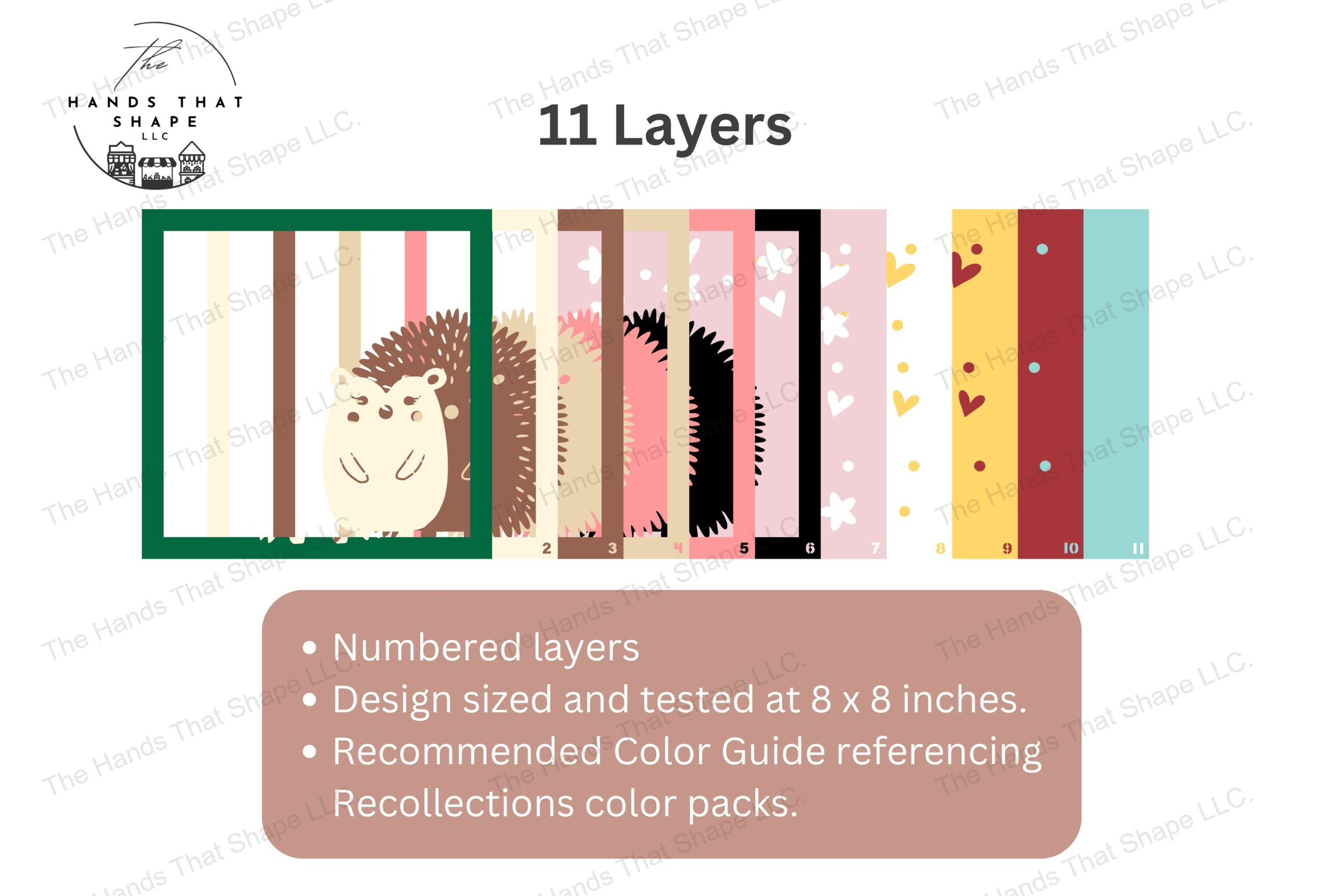 Explore the intricate layers of this folksy hedgehog-themed layered paper craft file, each piece fanned out to reveal the detailed and colorful design.