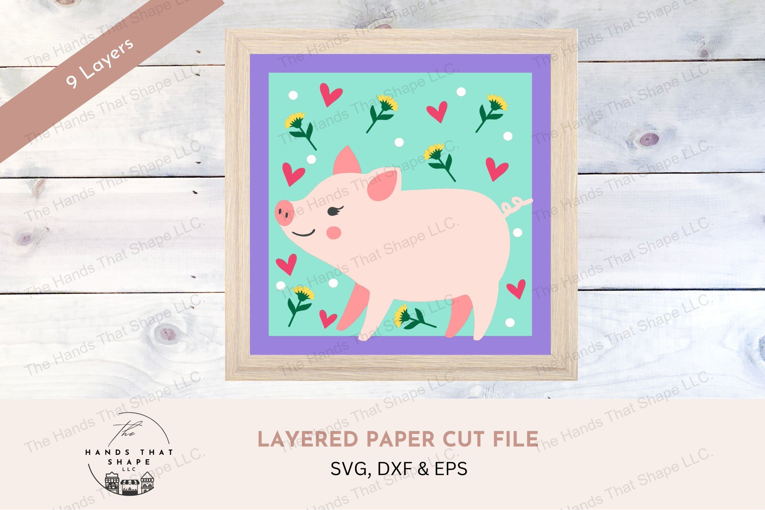 This layered paper design captures the charm of a folksy piglet, set against a backdrop of flowers, dots, and hearts, creating a whimsical and inviting scene.