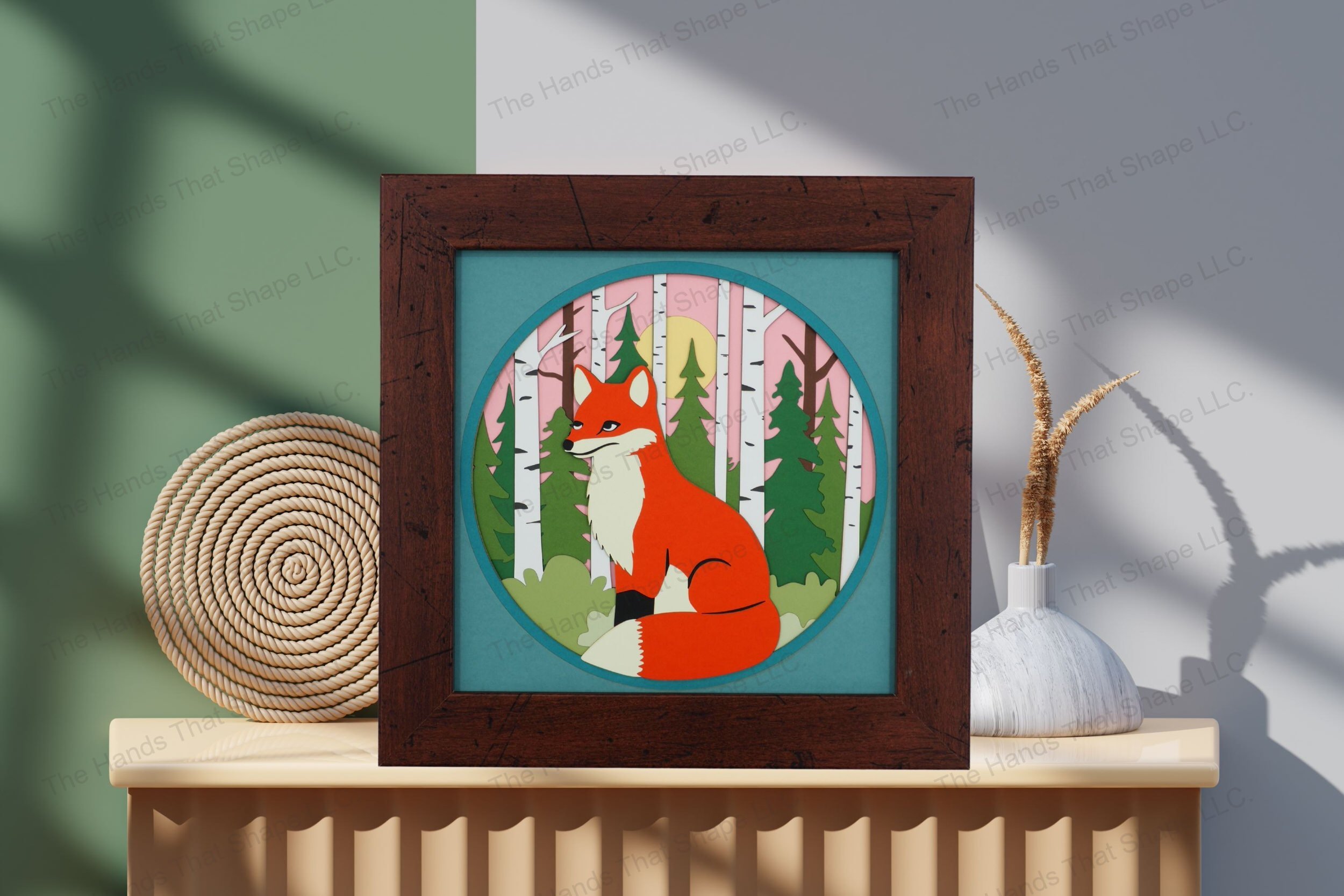 Admire this fox in a birch forest-themed cardstock artwork, displayed on a table, showcasing its depth and the serene beauty of the natural woodland scene.