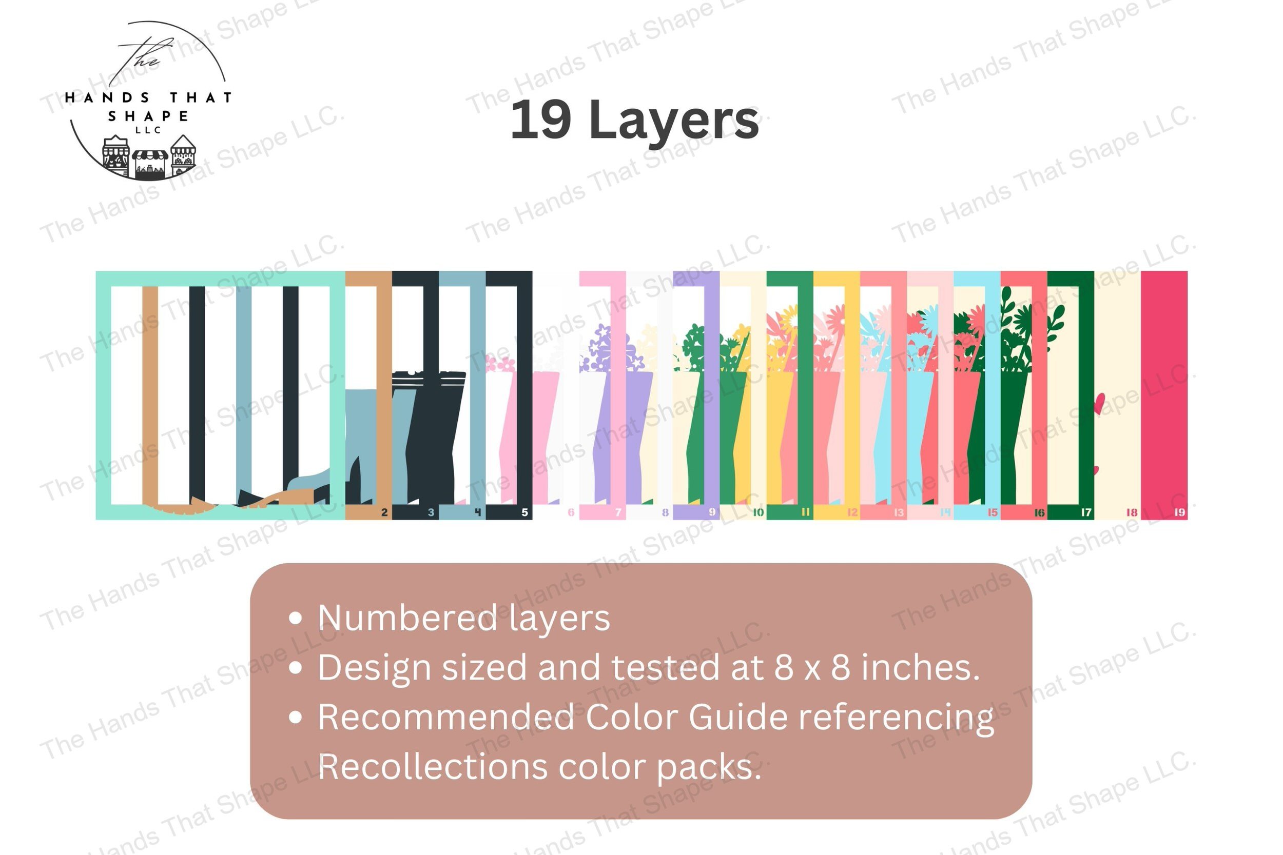 Explore the layers of this spring rain boot flower bouquet-themed cardstock art, fanned out to reveal thedesign and colors of a cheerful floral display.