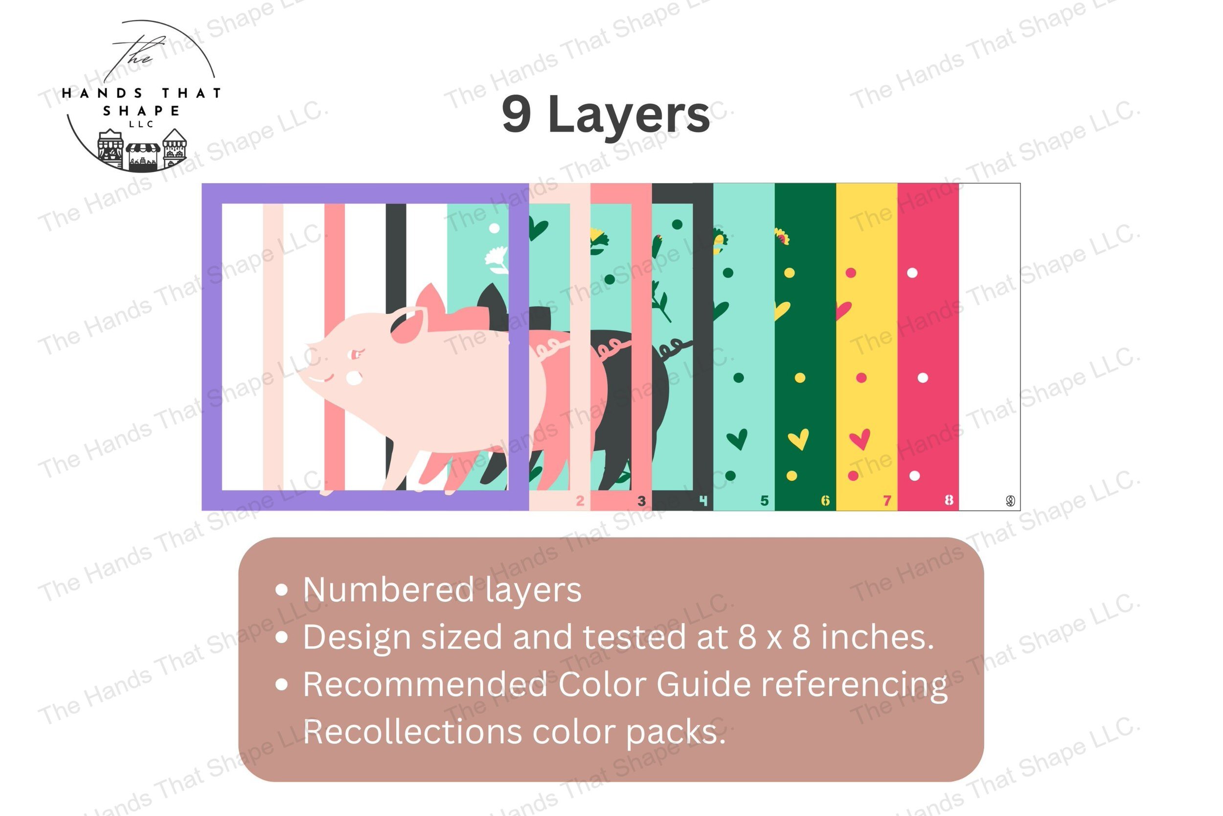 Explore the detailed layers of this folksy piglet-themed cardstock art, fanned out to showcase the intricate design and vibrant colors of the playful scene.
