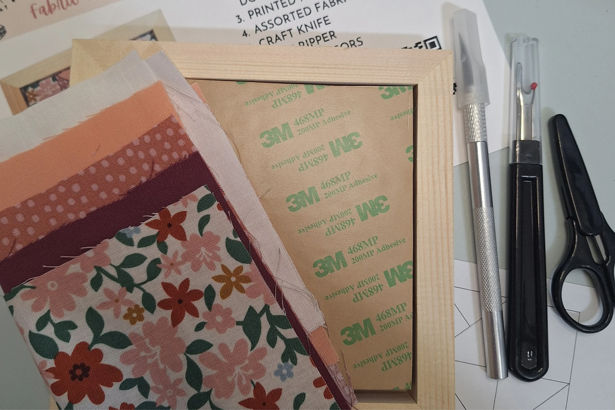 No-Sew Block Quilt Fabric Kit Includes frame, foam with adhesive, pattern, fabric, craft knife, scissors and seam ripper