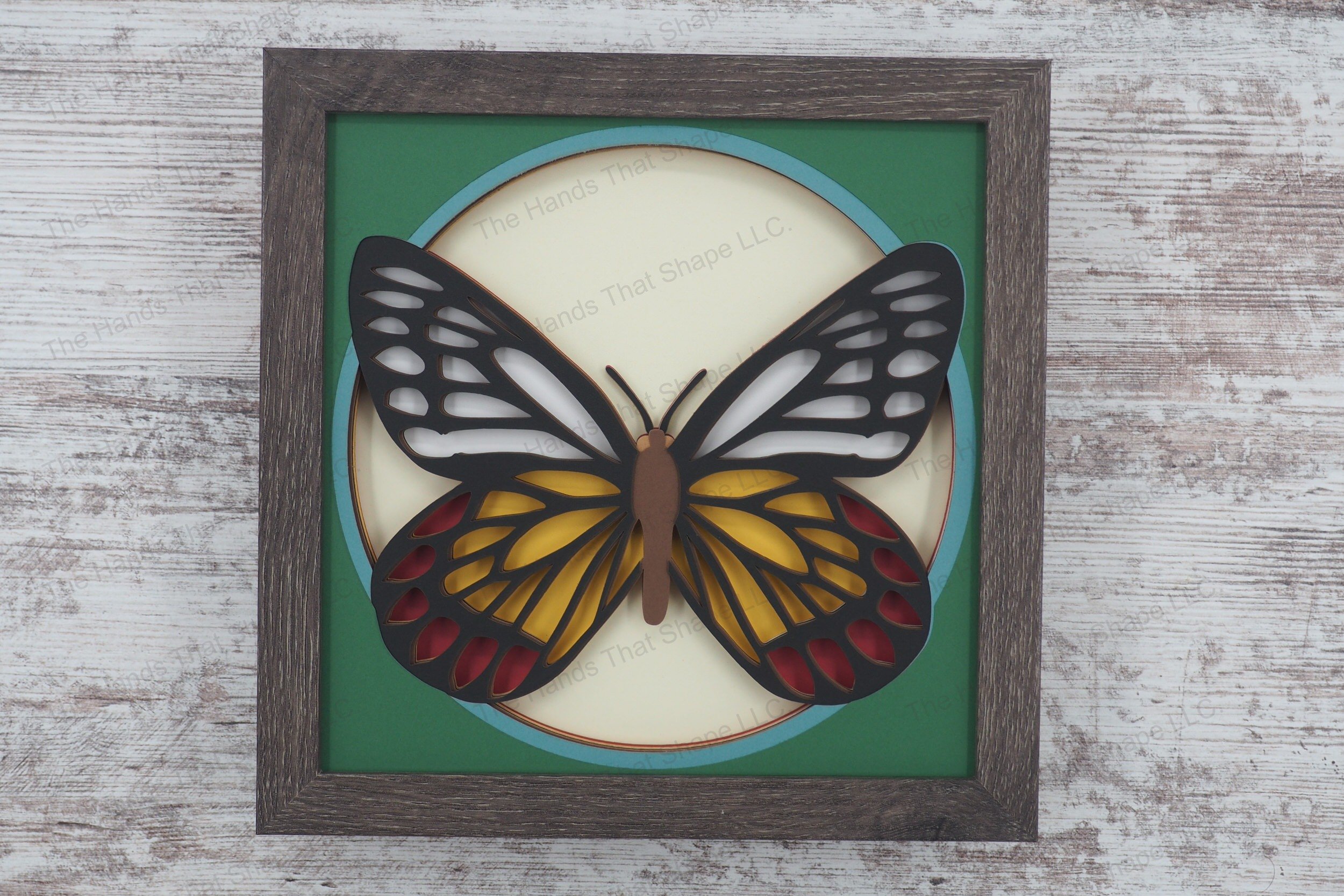 Showcase the natural elegance of the Delias eucharis butterfly with this detailed shadowbox, featuring the butterfly's vividly patterned wings spread out.