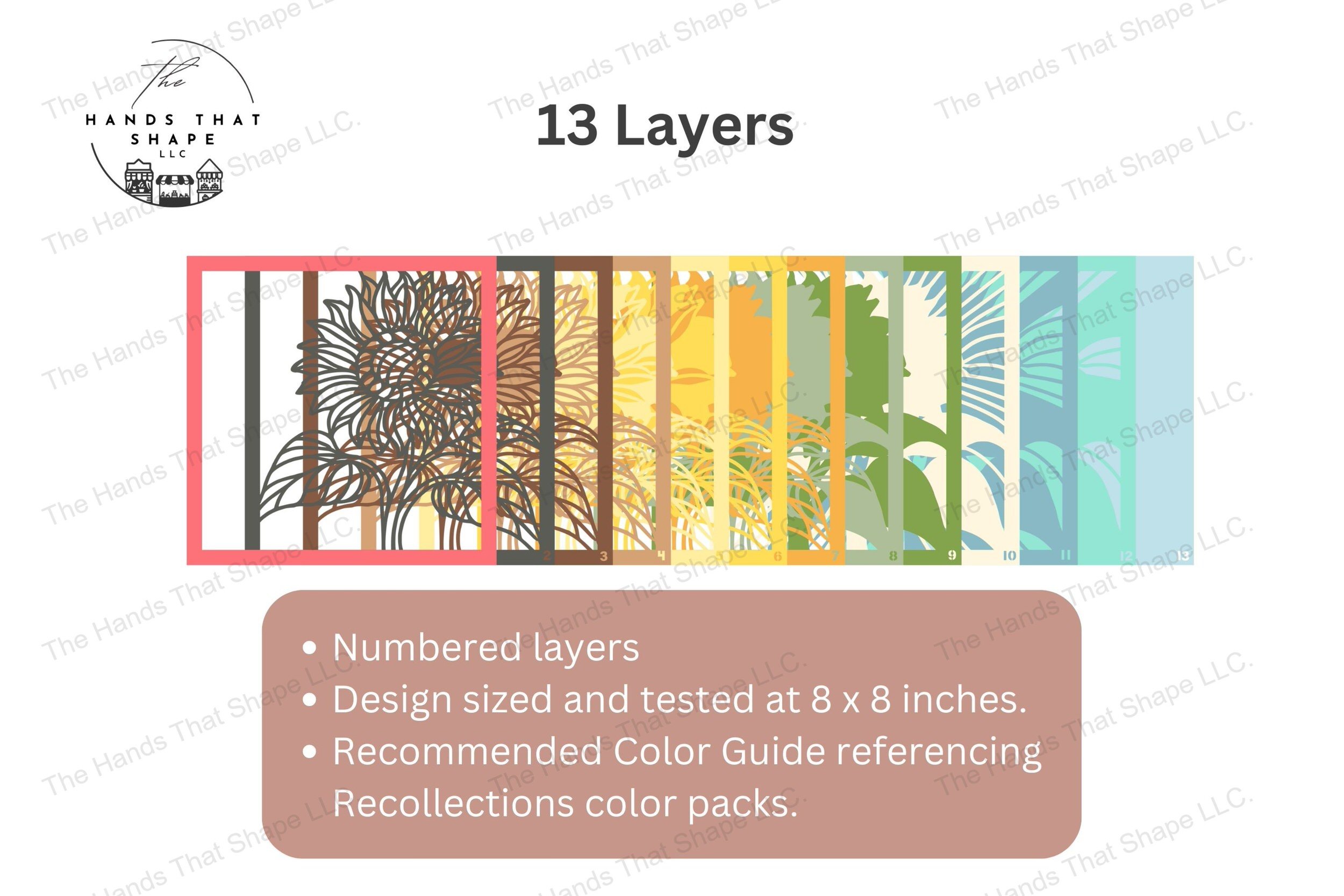 Explore the intricate details of each layer in this sunflower-themed design, beautifully fanned out to reveal the vibrant colors and dynamic design of the piece