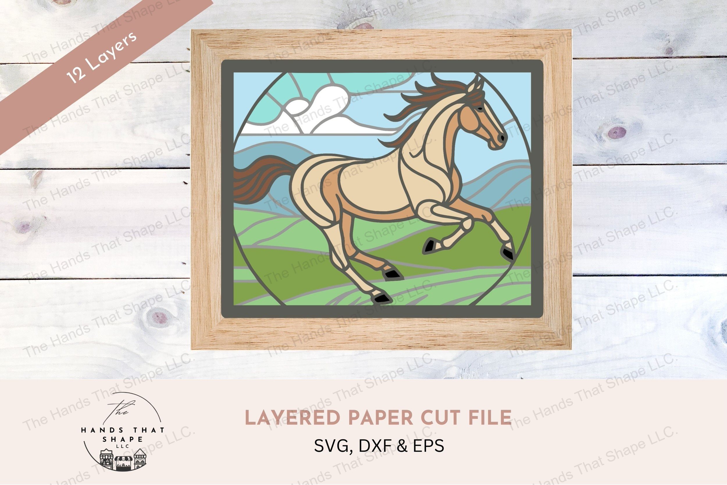 This layered art piece captures the majestic motion of a running horse, set against a hilly landscape and sky, creating a stunning stained glass effect.