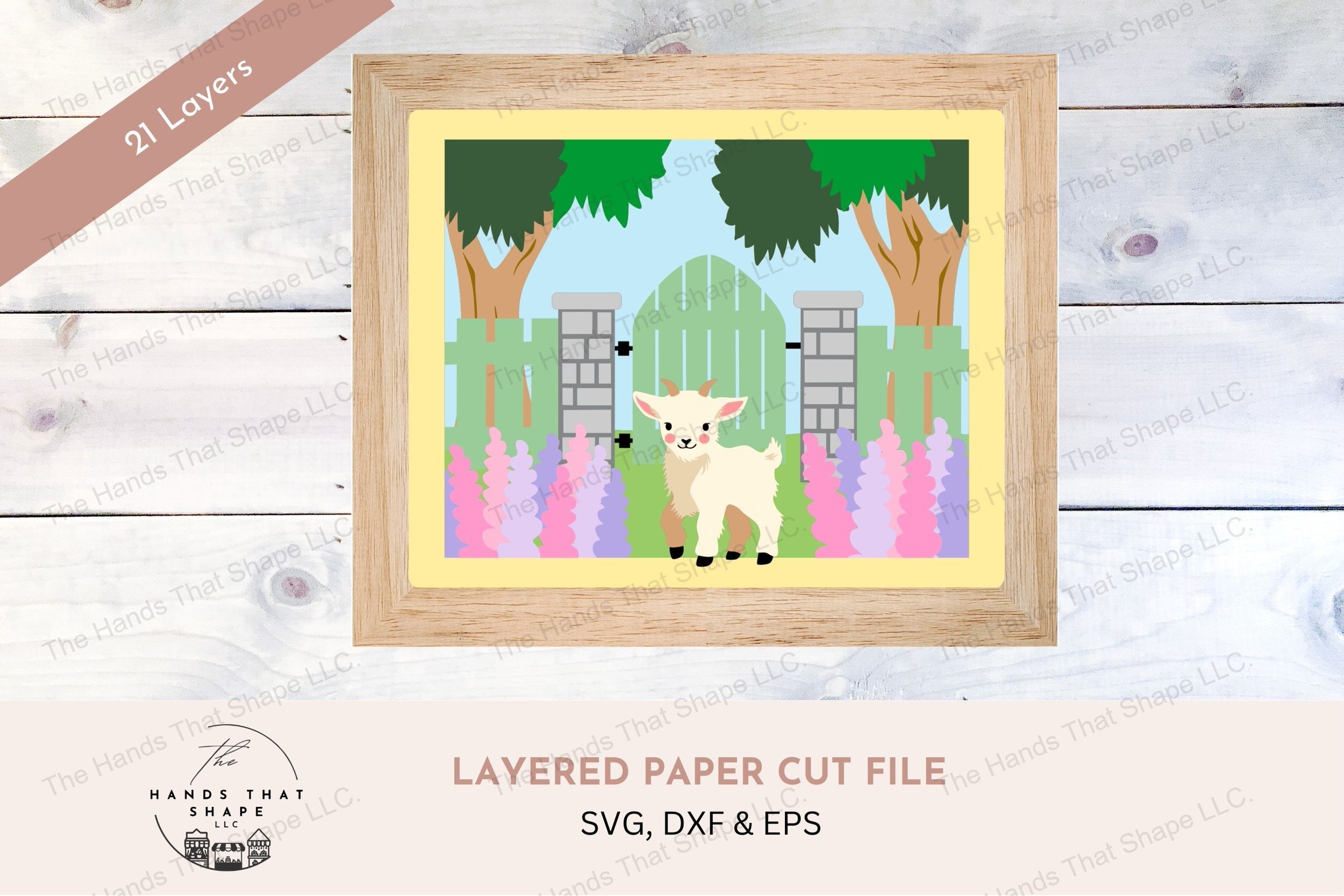 This 3d layered paper art piece captures a playful baby goat standing by a wooden gate, surrounded by stone pillars and blooming hyacinths.