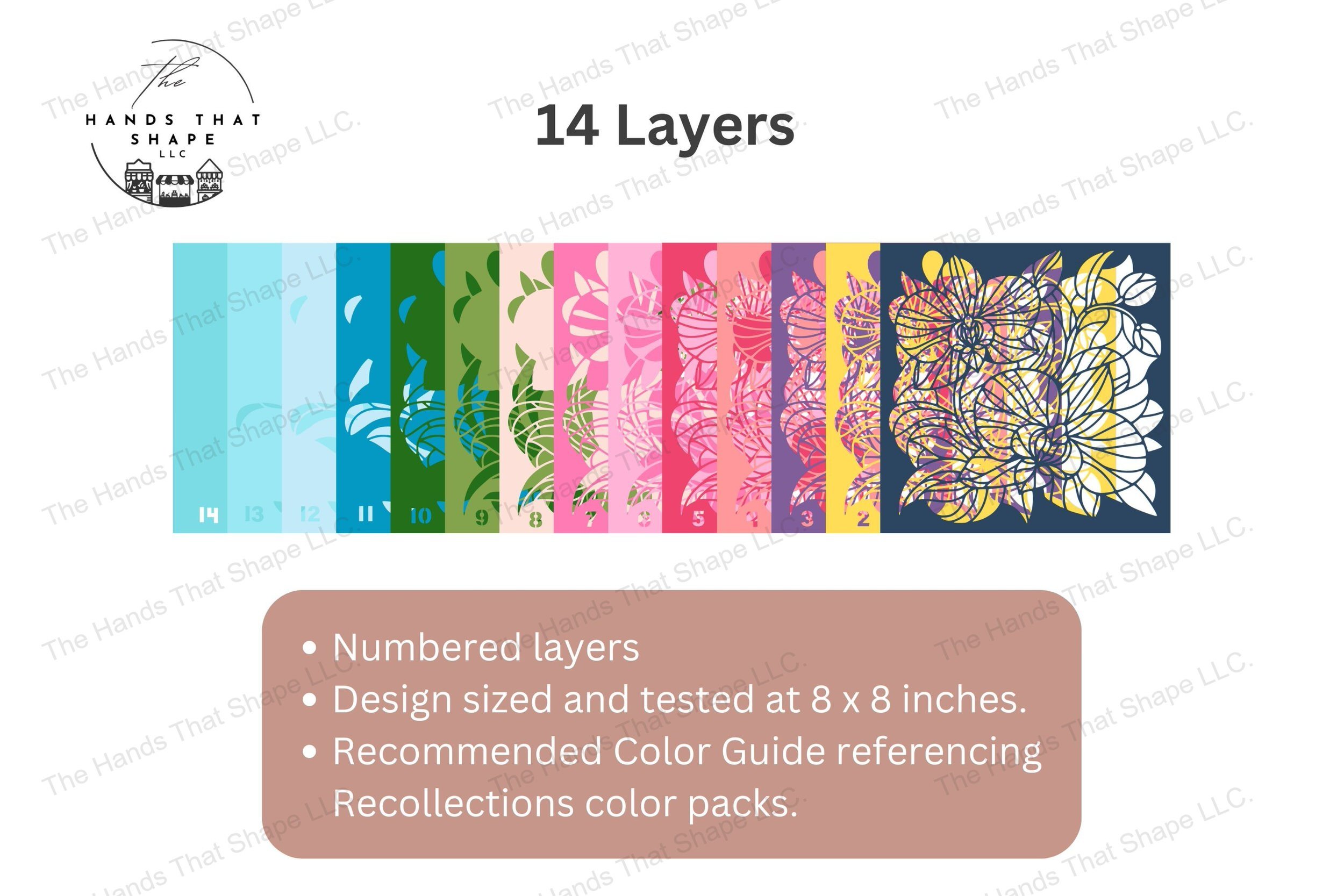 Explore the intricate layers of our orchid-themed cardstock art, showcasing each colorful piece fanned out to reveal the stunning complexity of the design.
