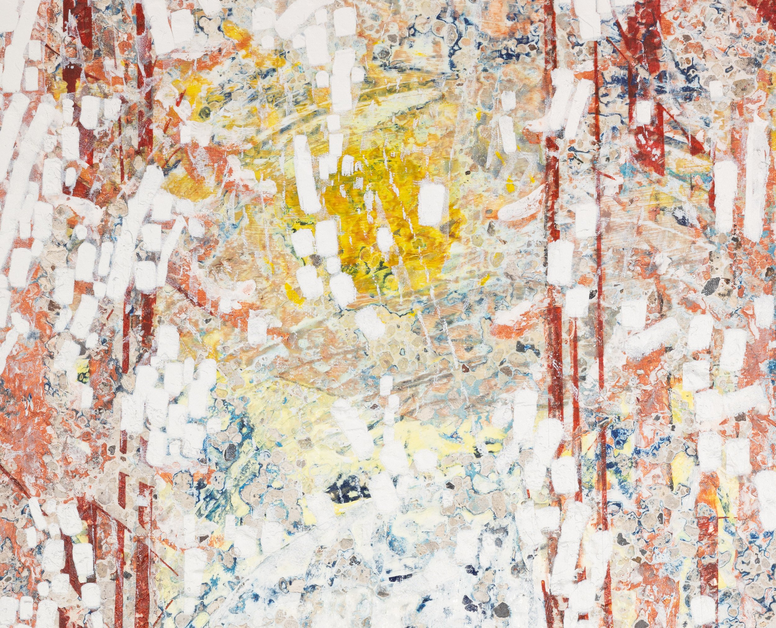 Detail of artwork by Marc Blake featuring a colorful and textured surface with splashes of yellow, orange, red, blue, and white, with some identifiable lines and shapes including vertical red lines and white marks.