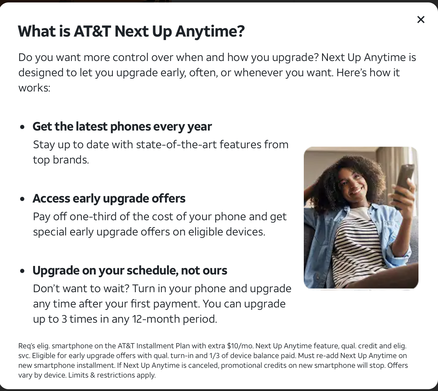 Modal explaining AT&T Next Up Anytime
