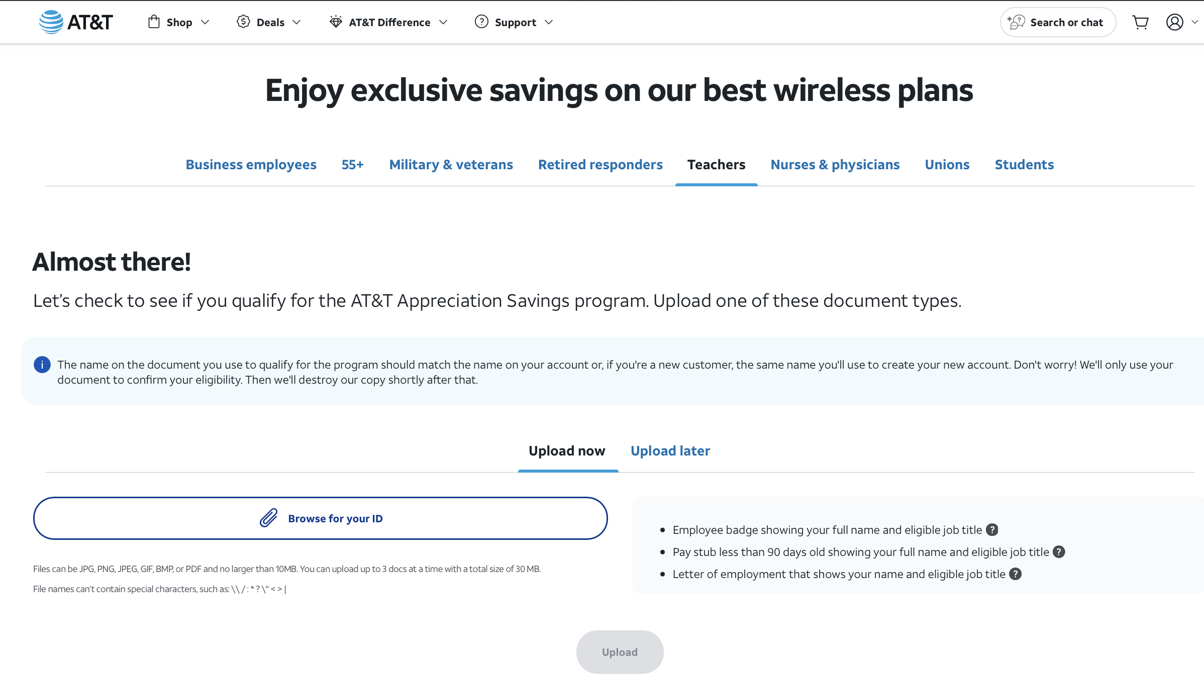Screenshot of the verification process for getting the AT&T Teacher  discount