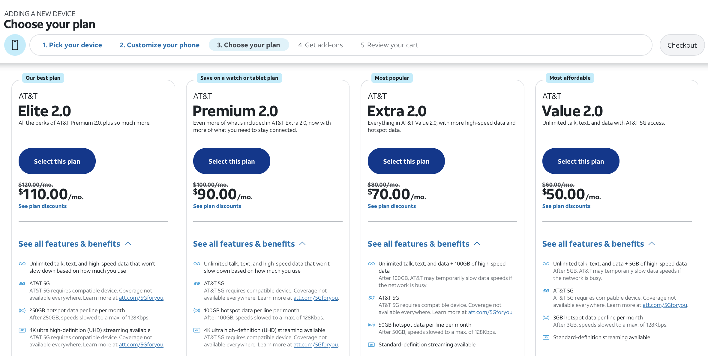 AT&T Unlimited Elite 2.0, Premium 2.0, Extra 2.0, and Value 2.0 plan cards