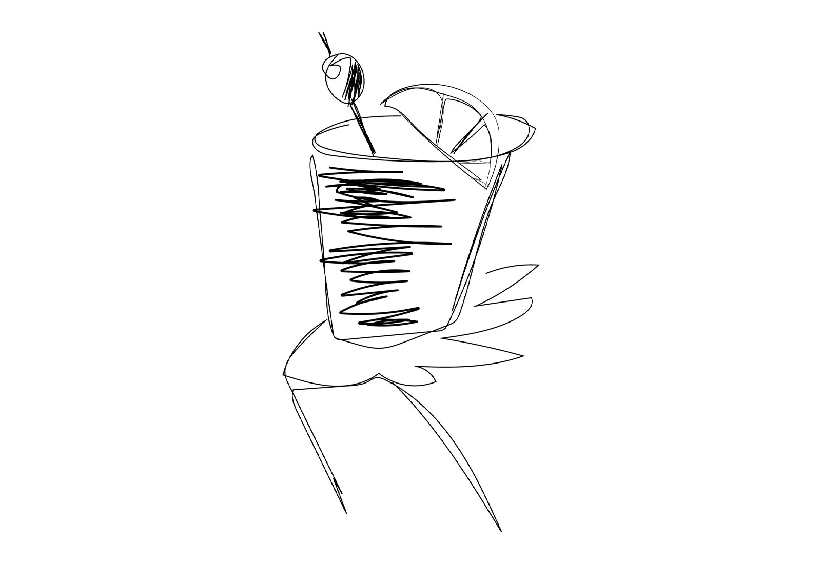 Line drawing of a cocktail glass with a lemon slice and a cherry on a cocktail pick, placed on a leaf surface.
