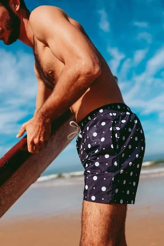 nachhaltige badeshorts blau gepunktet averie