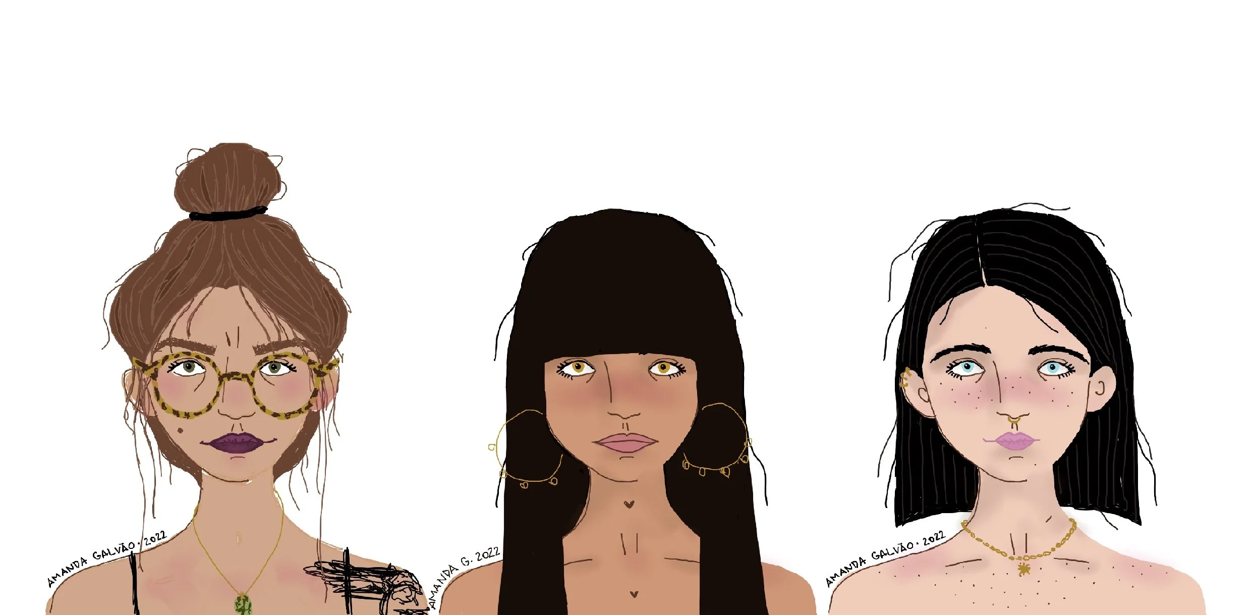 3 digital illustrations portraits inspired by real and fictional women