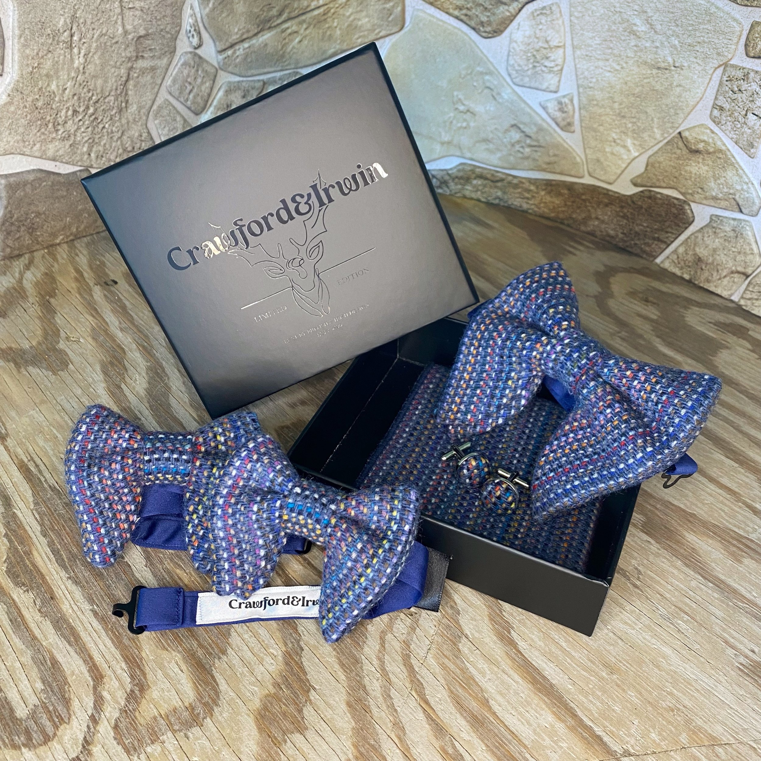tom bow ties. rainbow blue tweed.jpeg