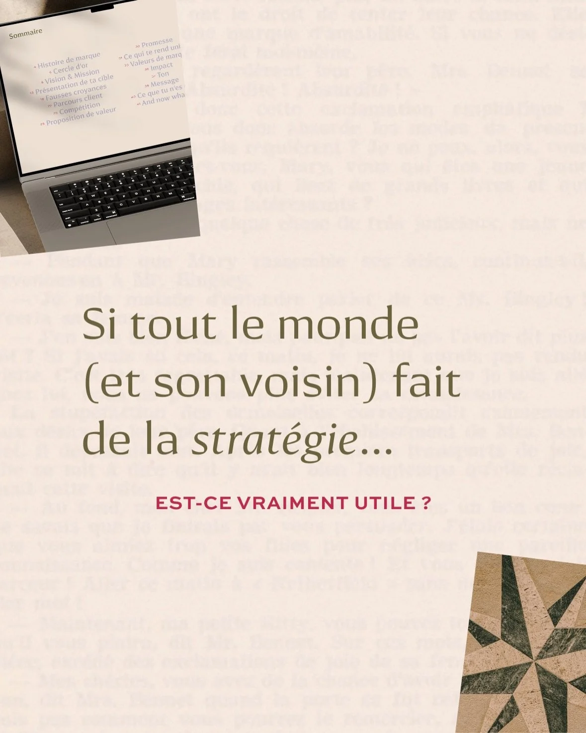 Le point fort d&rsquo;une photographe, c&rsquo;est ses photos.

La strat&eacute;gie est un outil dont elle se sert pour assurer une coh&eacute;rence avec ta marque&hellip; mais tu ne devrais pas chercher les r&eacute;ponses devant son questionnaire. 