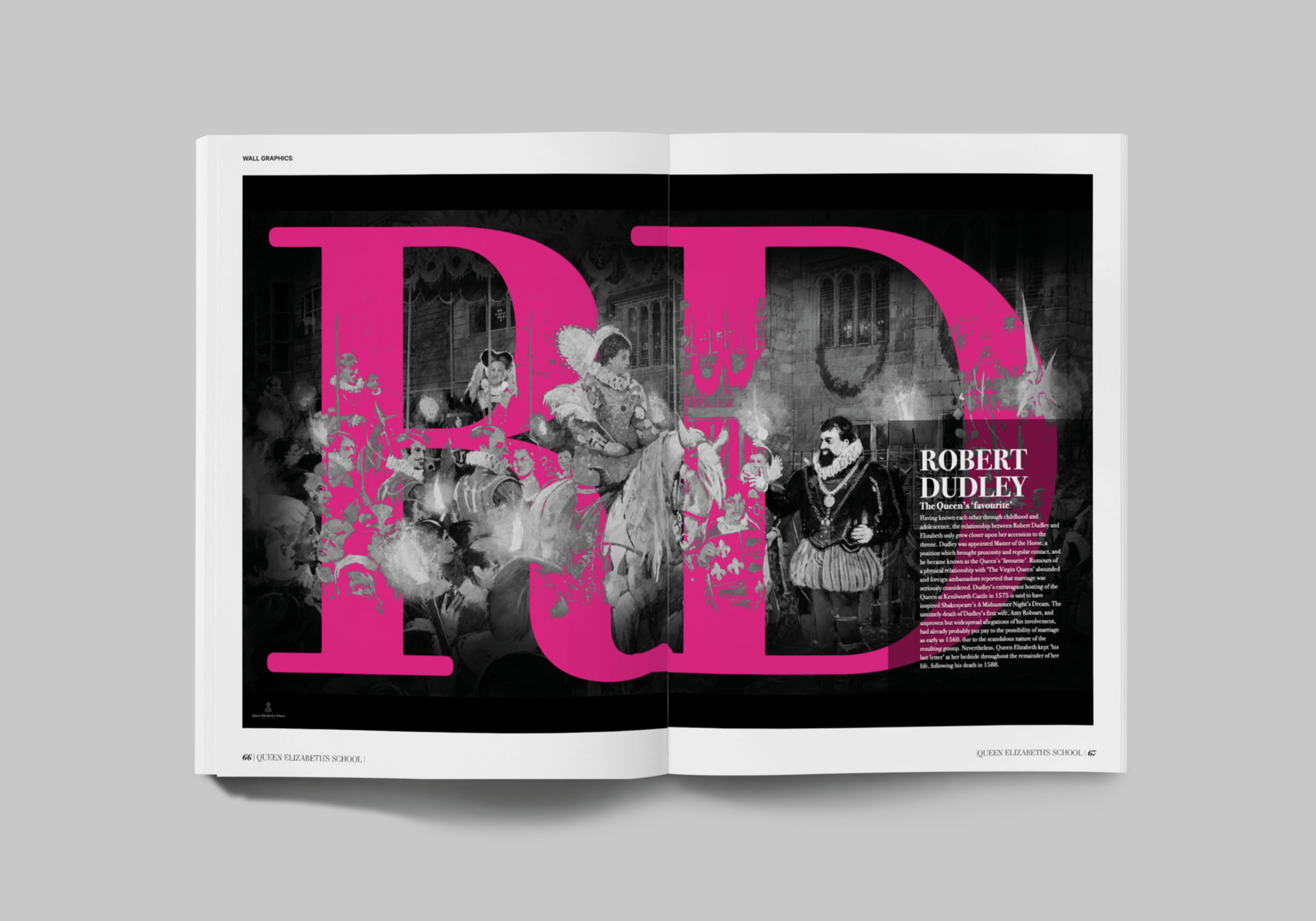Magazine spread with a historical black-and-white illustration of Queen Elizabeth I during a public event, overlaid with large pink letter 'D' and accompanying text about her life and reign.