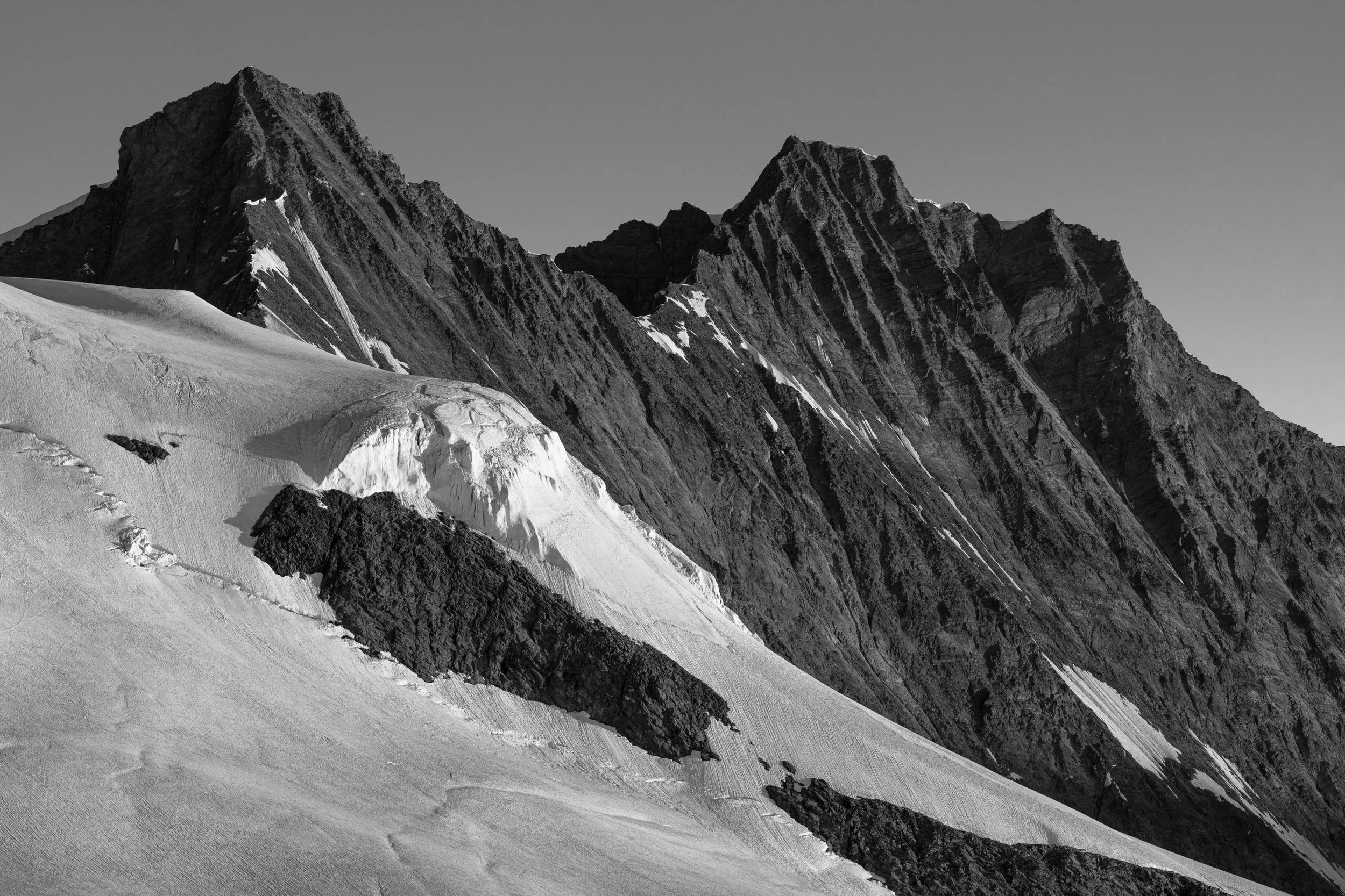 First Light on Täschorn and Dom B&W