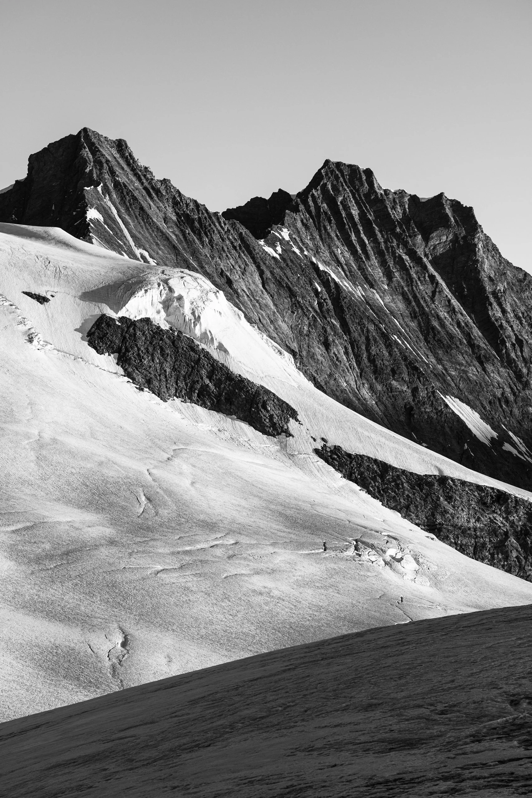 First Light on Täschhorn and Dom B&W
