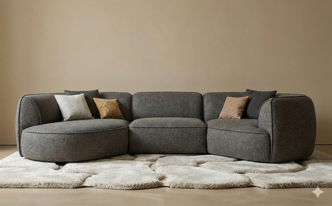 Moderne keuken met wit marmeren aanrecht, gouden kraan, ingebouwde ovens en grote ramen met gordijnen. Japandi studio dempsey interieurarchitect