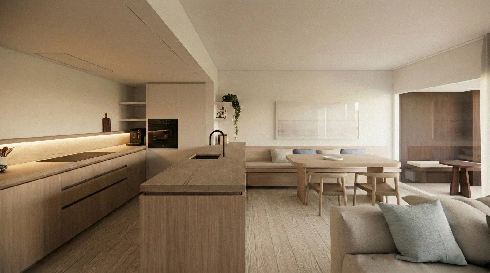 Een minimalistisch, modern open keuken- en woonruimte met houten meubels en neutrale kleuren.