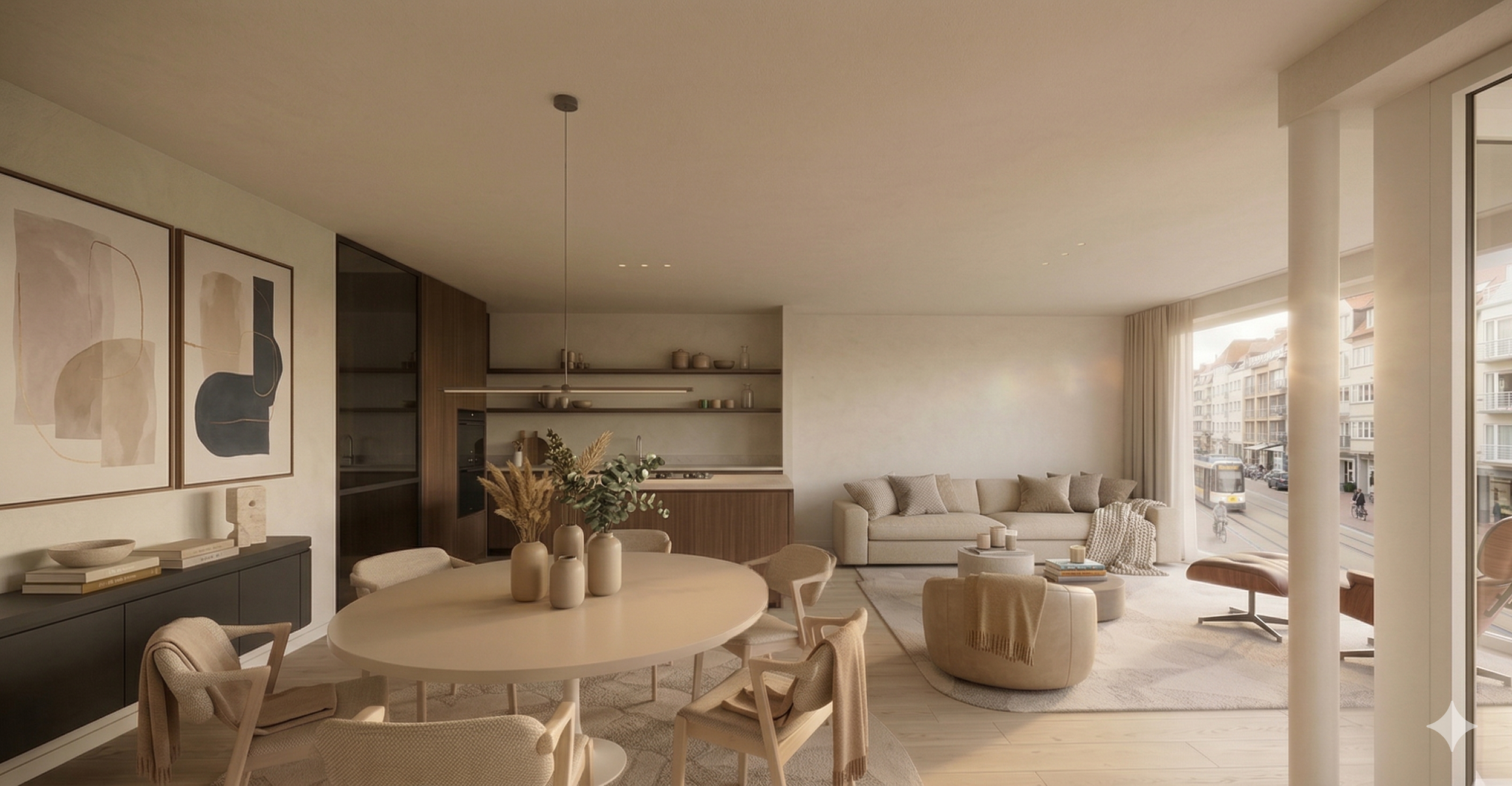 Lichte woonkamer met beige en houten meubels, abstracte kunst aan de muur, grote ramen met uitzicht op straat, zithoek met comfortabel bank en stoelen, salontafel met boeken en decoratie, open keuken met open schappen.