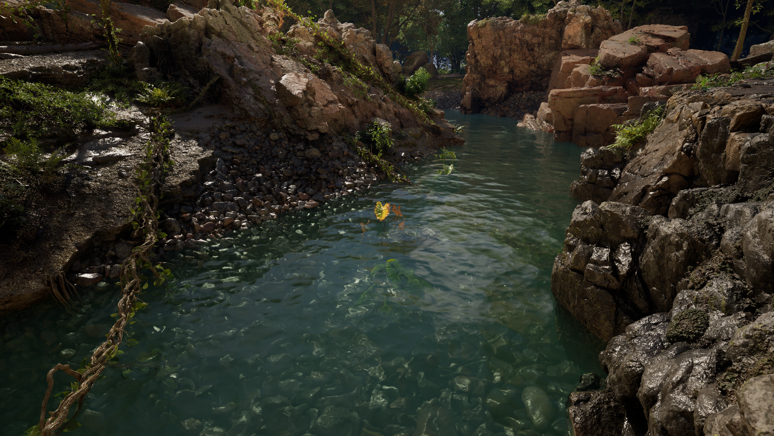 Screenshot taken of a river within a hyper-real virtual reality environment created using Unreal Engine 5.
