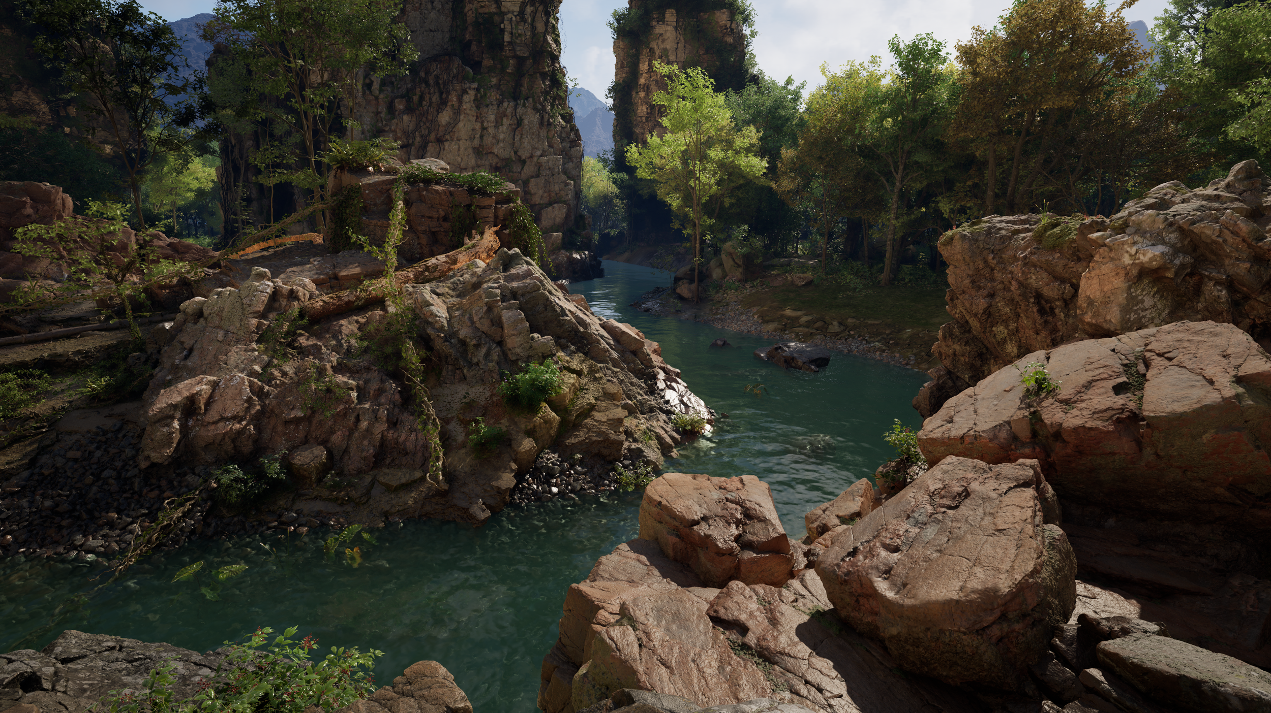 Screenshot taken of a rocky river created using Unreal Engine 5.
