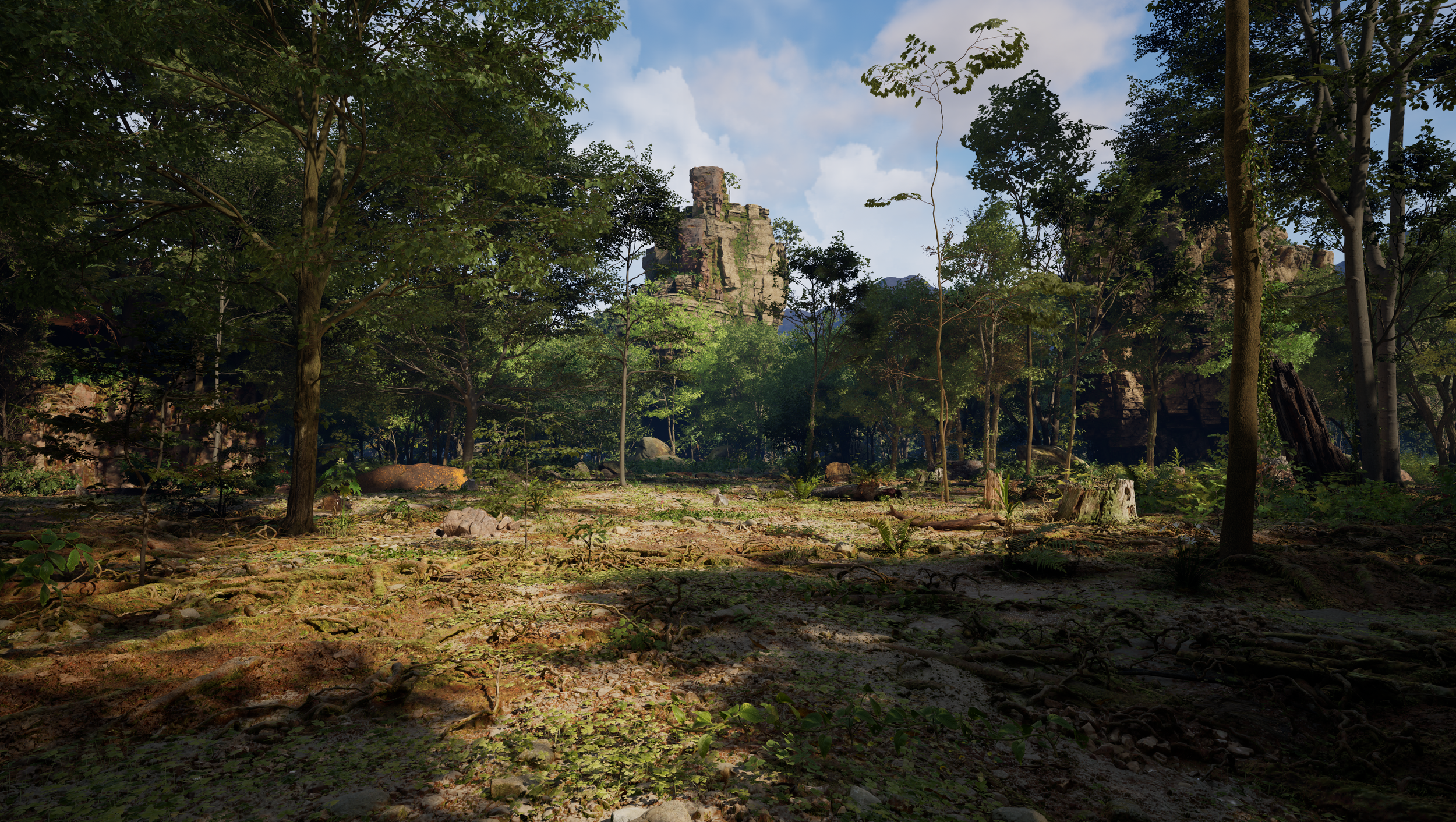 Wide shot taken of a forest virtual reality environment created using Unreal Engine 5.
