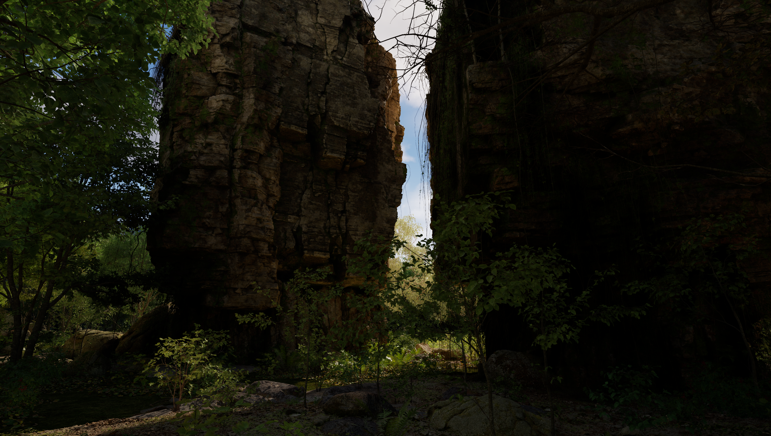Screenshot taken of hyper-realistic cliffs in a jungle environment created using Unreal Engine 5.