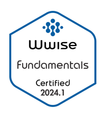 A badge with the text "Wwise Fundamentals Certified 2024.1" and a logo of six dots arranged in a hexagon.