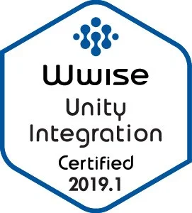 Logo with hexagonal outline featuring the words 'Wwise Unity Integration Certified 2019.1' and a symbol resembling connected dots at the top