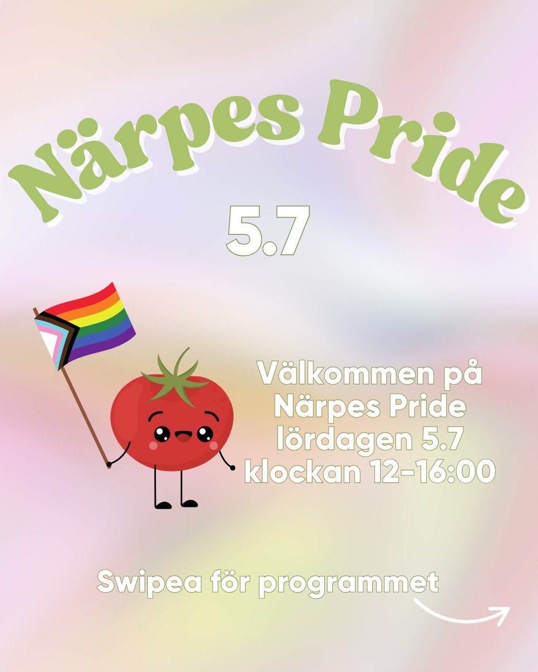 V&auml;lkommen p&aring; N&auml;rpes Pride!🌈🌈 

Datum: l&ouml;rdag 5.7
Tid: 12-16

Schema:
✨ 12:00 - Skylttillverkning, ansiktsm&aring;lning och v&auml;lkomsttal i Stadsparken.
✨ 13:00 - Paraden startar.
✨ 13:20 - Tal p&aring; stora scen av Isabel F