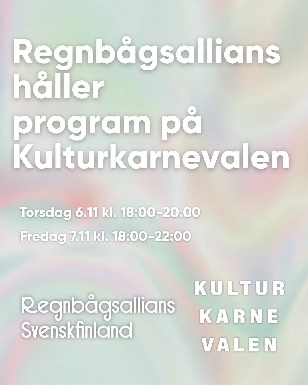 Regnb&aring;gsallians h&aring;ller program p&aring; Kulturkarnevalen!⭐️

Vi delar ut stickers p&aring; torsdagen 6.11 kl. 18:00-20:00
Och h&aring;ller Regnb&aring;gsinfo-quiz och Q&amp;A om sexualitet, k&ouml;n och HBTQIA+ fr&aring;gor p&aring; freda