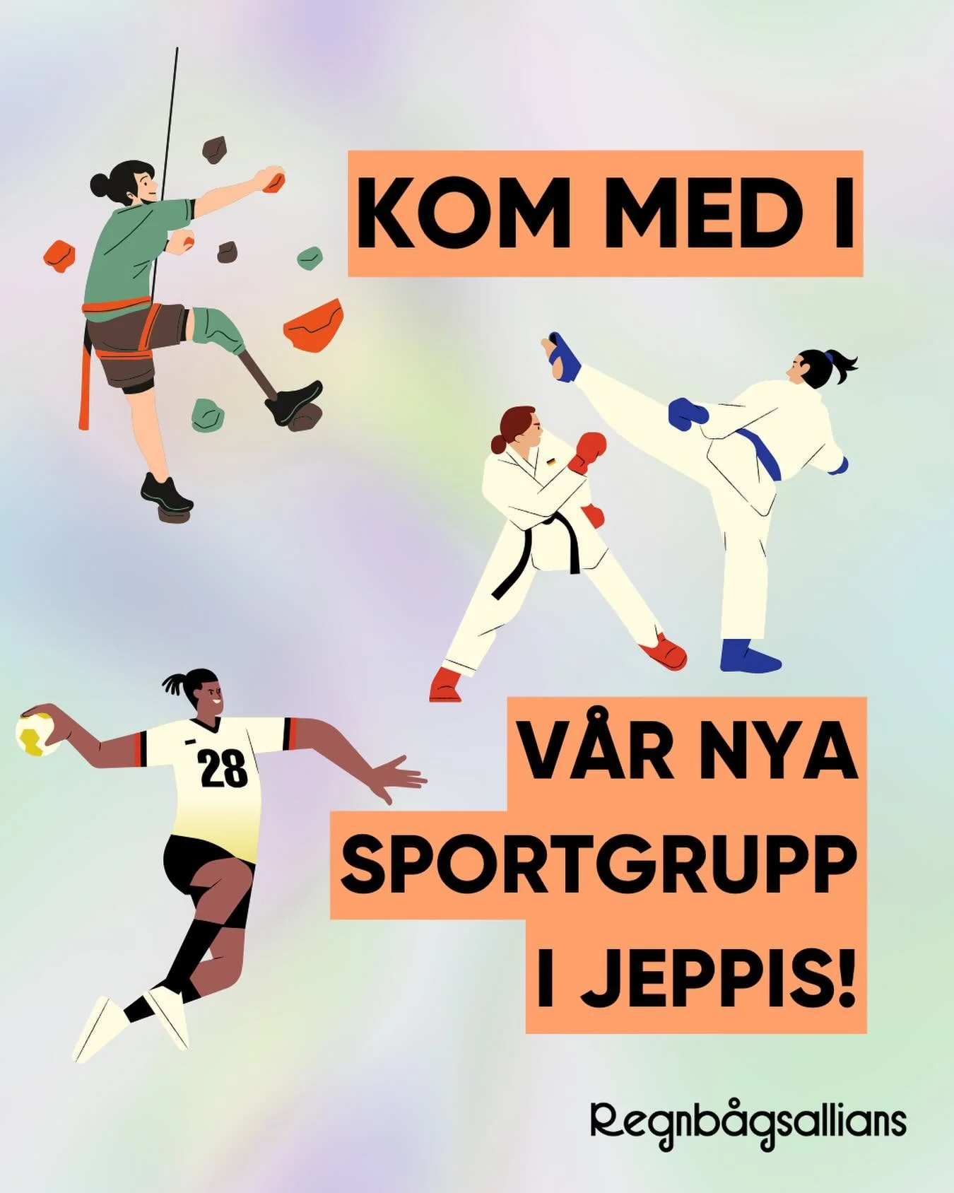 Vill du komma med i Regnb&aring;gsallians
sportgrupp i Jakobstad? 🤸⛹️🏊🧘

Sportgruppskonceptet kommer till en ny stad, nu har du som bor i Jeppis chansen att komma med i en h&auml;rlig idrottsgemenskap! ✨ 

Gruppen tr&auml;ffas 1-2 g&aring;nger per