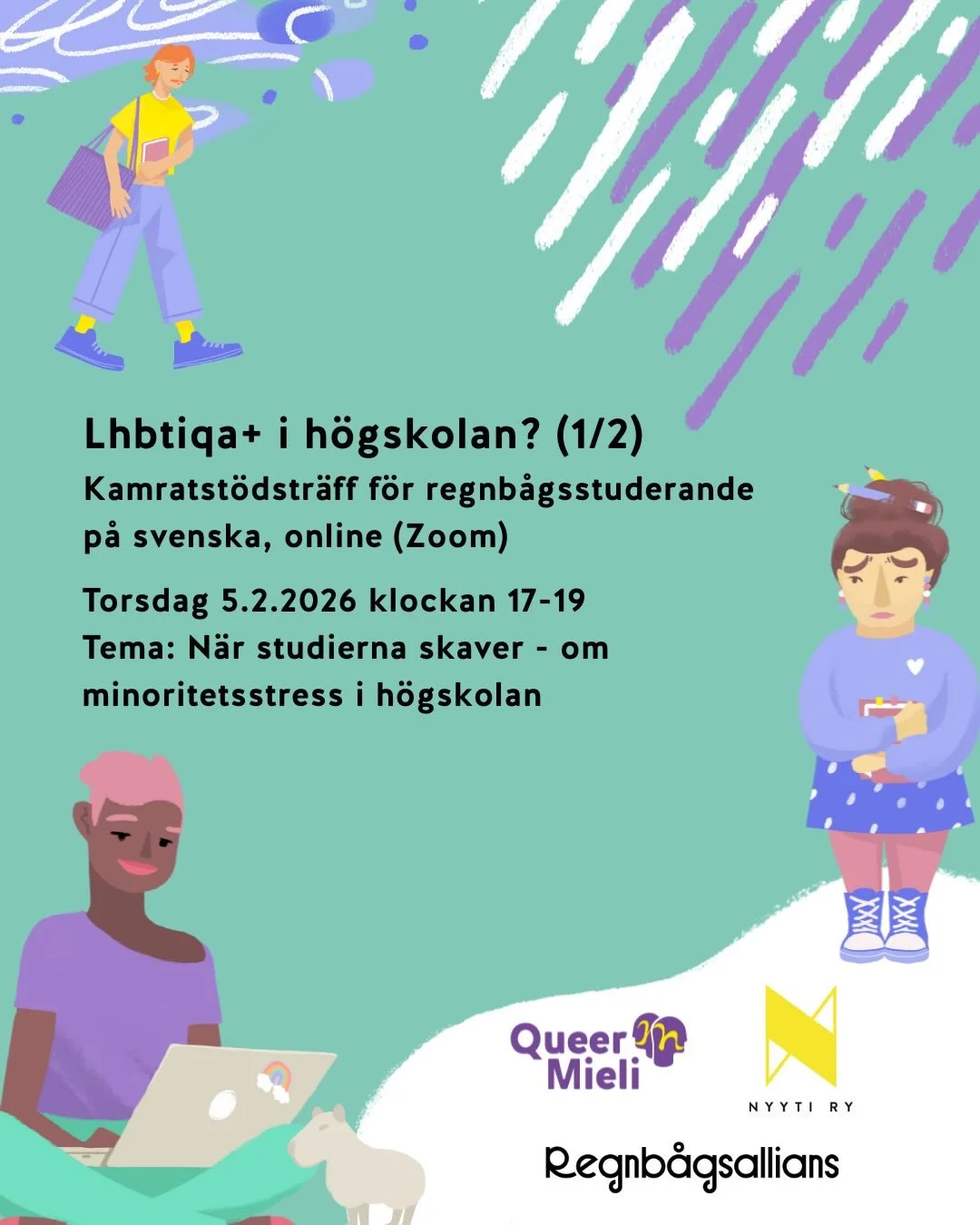 Torsdagarna 5 februari och 12 februari ordnar vi tv&aring; svenskspr&aring;kiga kamratst&ouml;dstr&auml;ffar online f&ouml;r lhbtiqa+ -studerande. P&aring; de tv&aring; timmar l&aring;nga tr&auml;ffarna pratar vi om erfarenheter av minoritetsstress, 