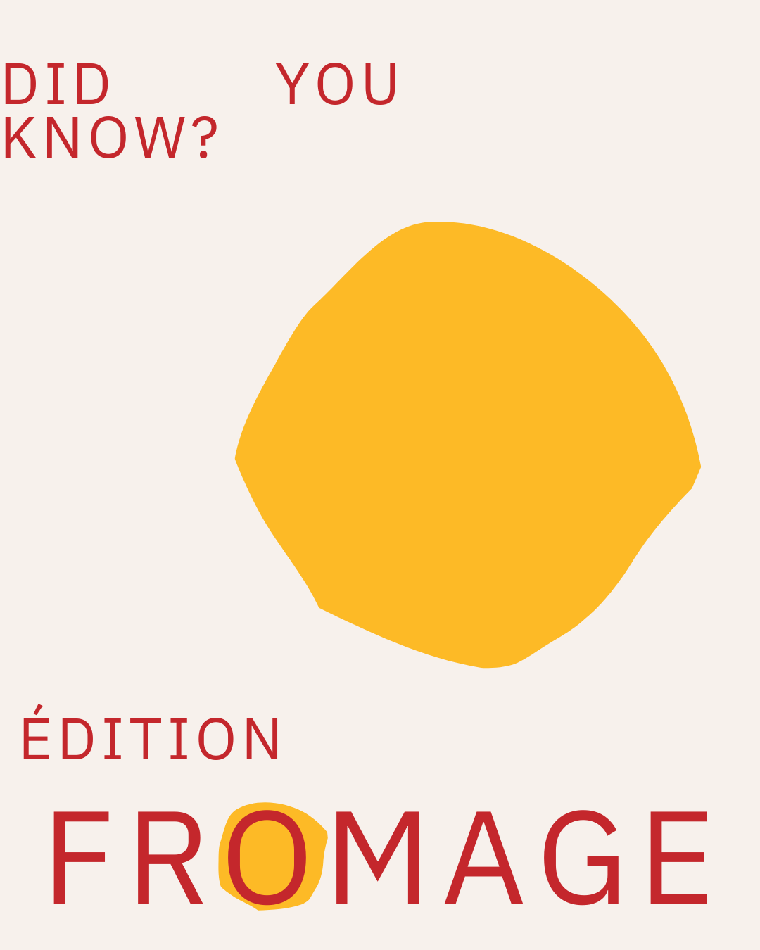 Text with red and orange words and a large yellow cheese wedge with orange outline in the center.