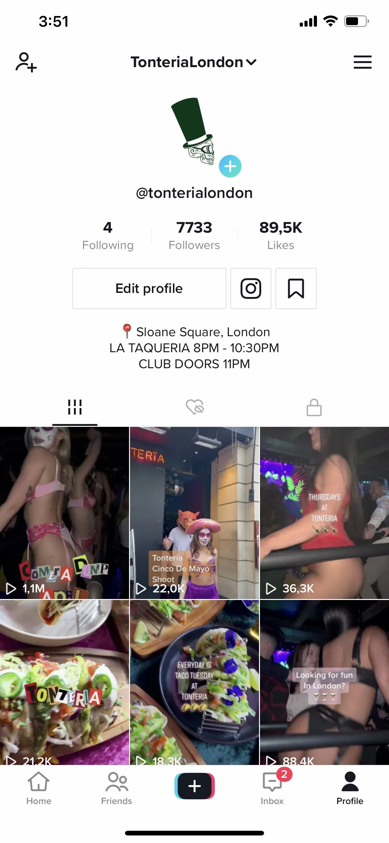 Screenshot of a TikTok profile for user @tonerialondon, featuring videos about nightlife, food, and events at Tonteria in London, including dance performances and party scenes.