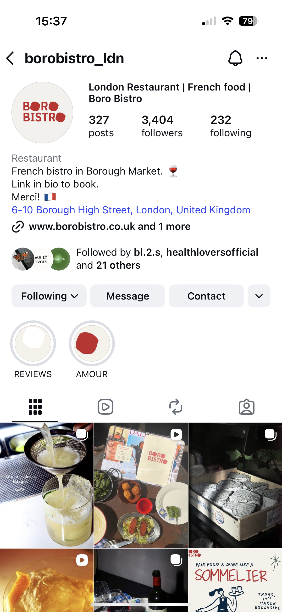 Instagram profile of Boro Bistro, a French restaurant in Borough Market, London, showing photos of food and drinks.