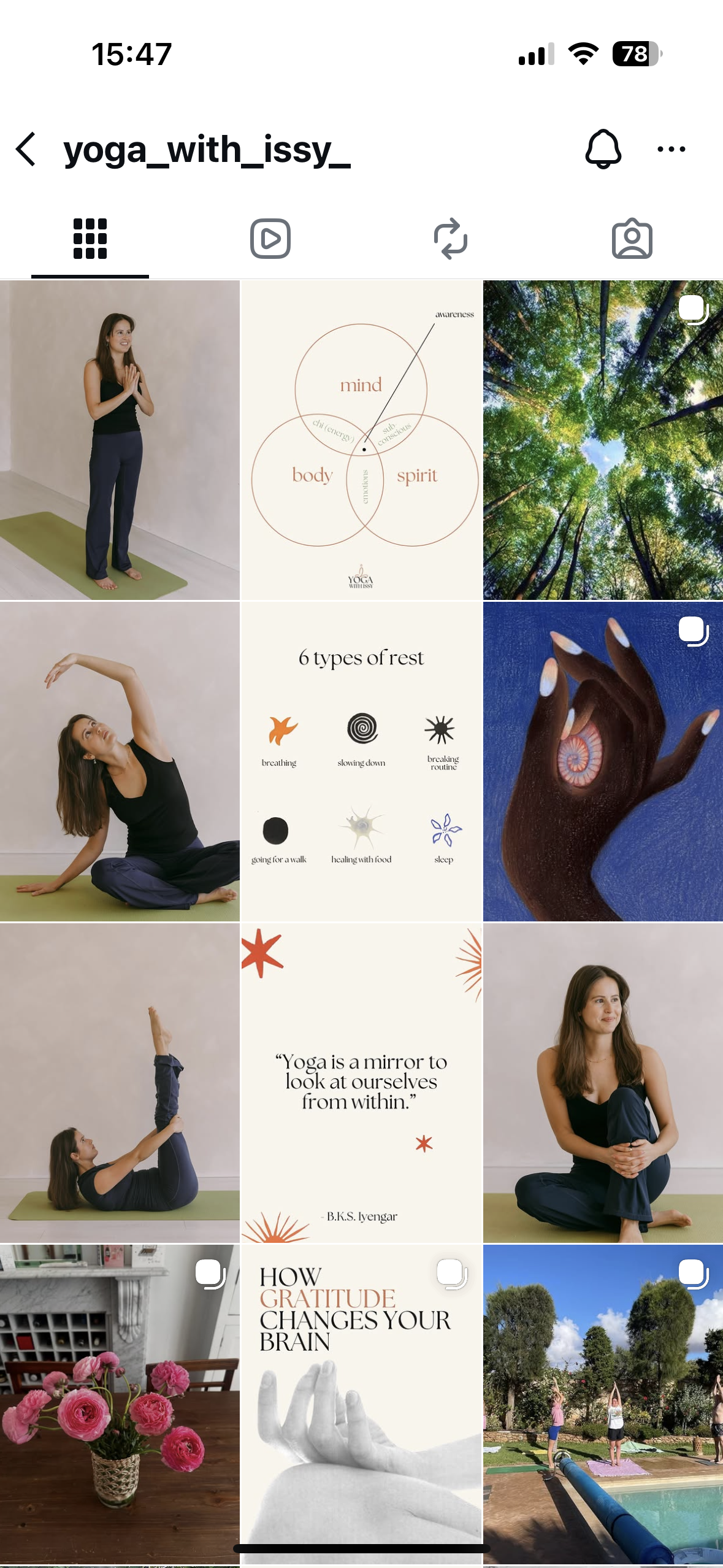 A collage of nine images related to yoga, relaxation, nature, and gratitude, including people doing yoga poses, a tree canopy, informational graphics about rest and mindfulness, flowers, and a poolside yoga session.