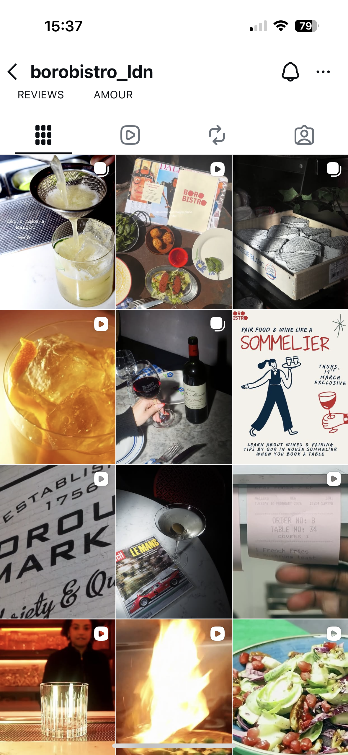 A grid of various photos from a dining experience, including drinks, food, a menu, a cocktail, a bottle of wine, a dessert, and a salad, taken at a restaurant or bar.